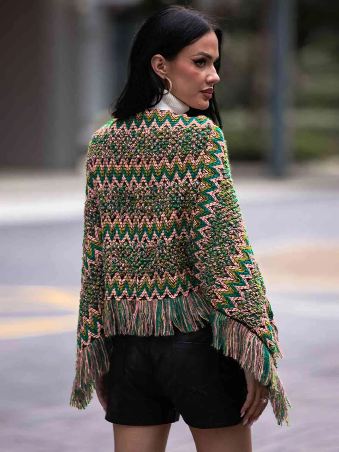 Fringe Hem Boat Neck Poncho