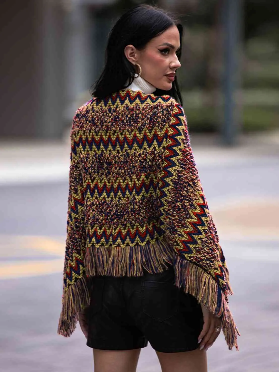 Fringe Hem Boat Neck Poncho