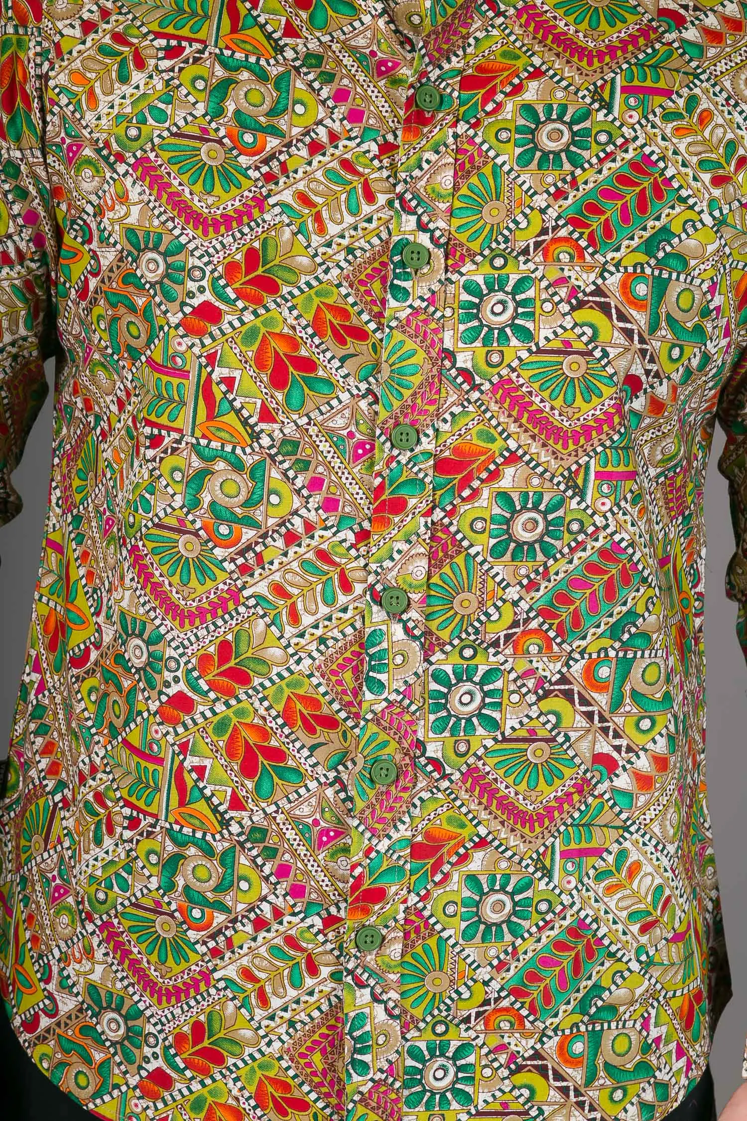 Green Multi Colour Print Cotton Slim Fit Mens Shirt Long Sleeve