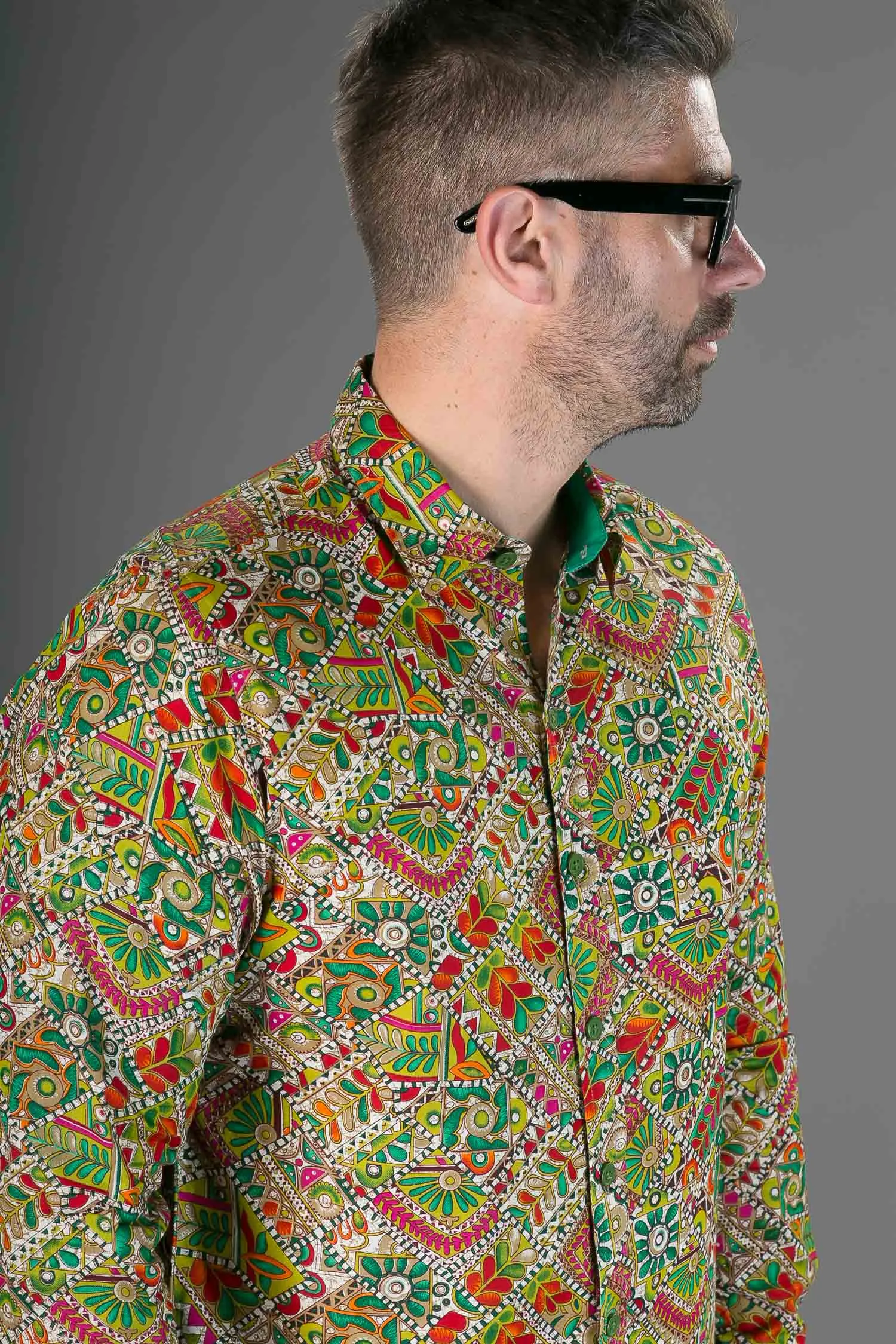 Green Multi Colour Print Cotton Slim Fit Mens Shirt Long Sleeve