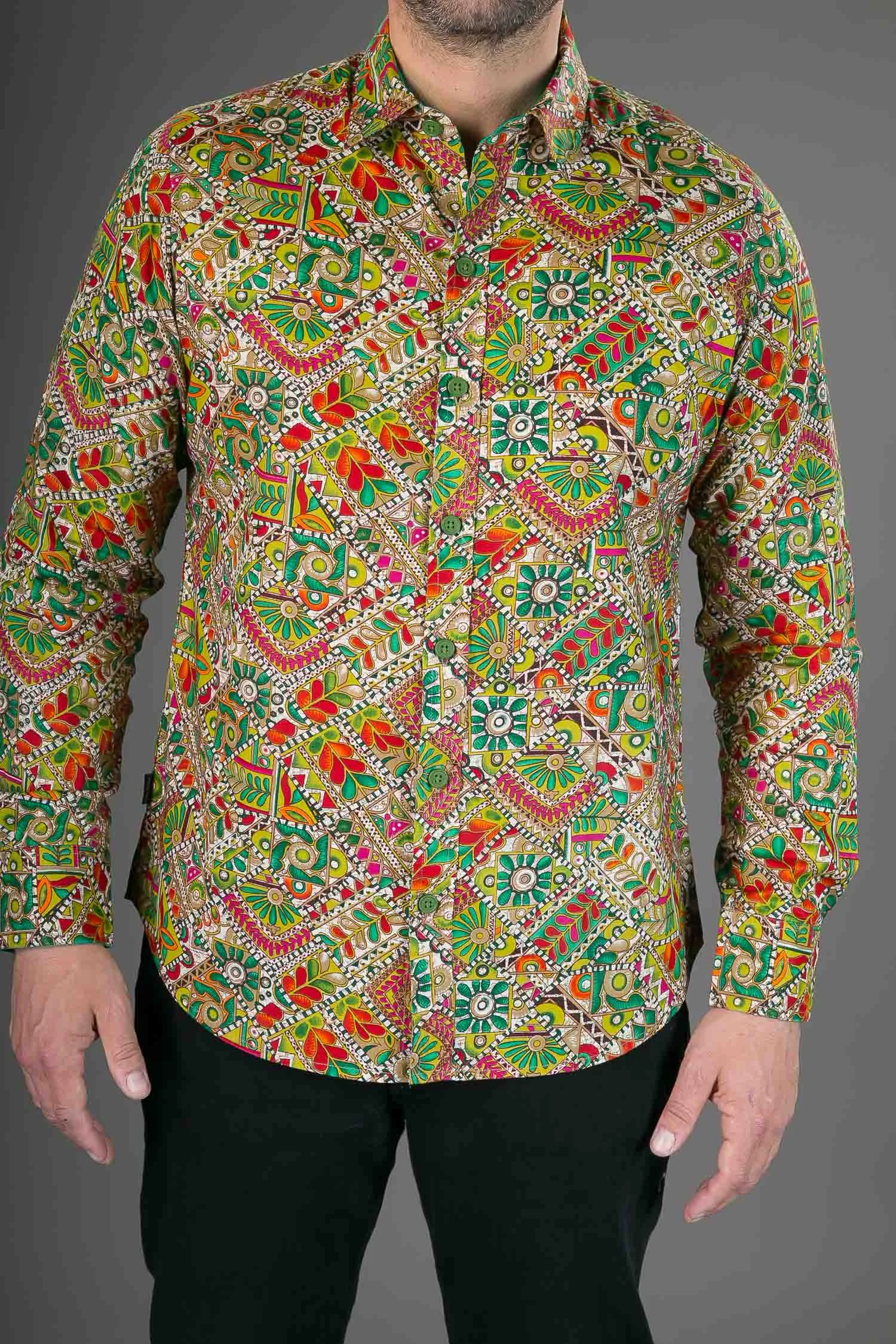 Green Multi Colour Print Cotton Slim Fit Mens Shirt Long Sleeve