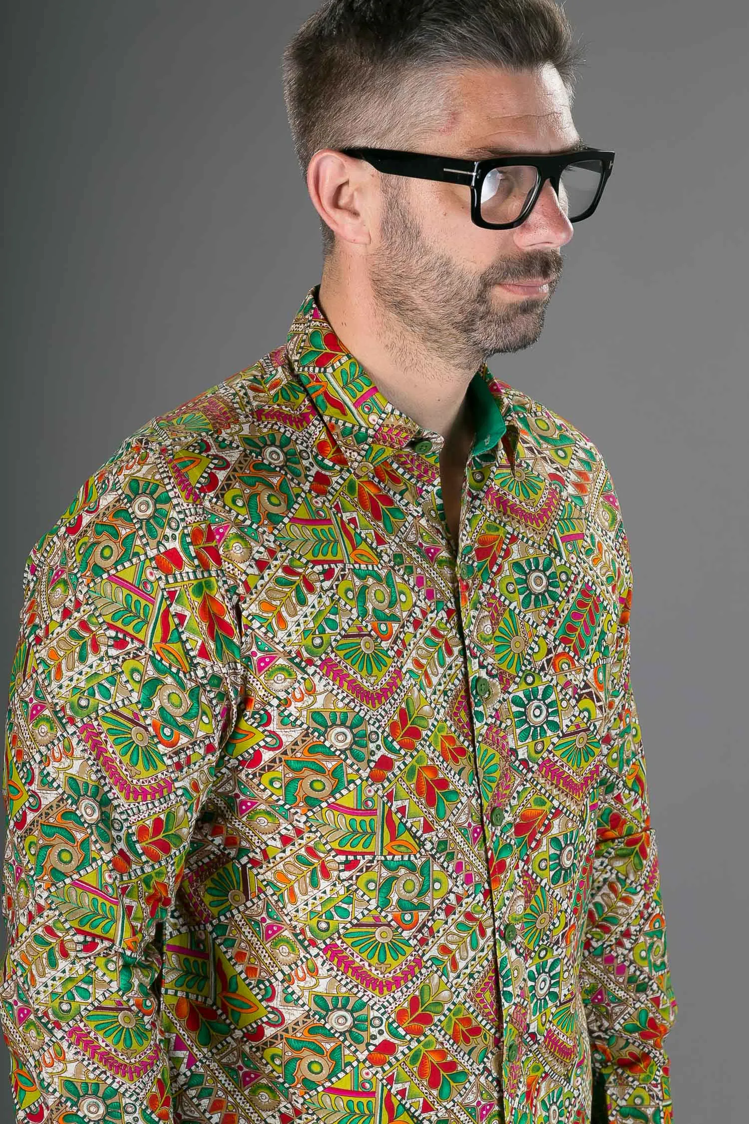 Green Multi Colour Print Cotton Slim Fit Mens Shirt Long Sleeve