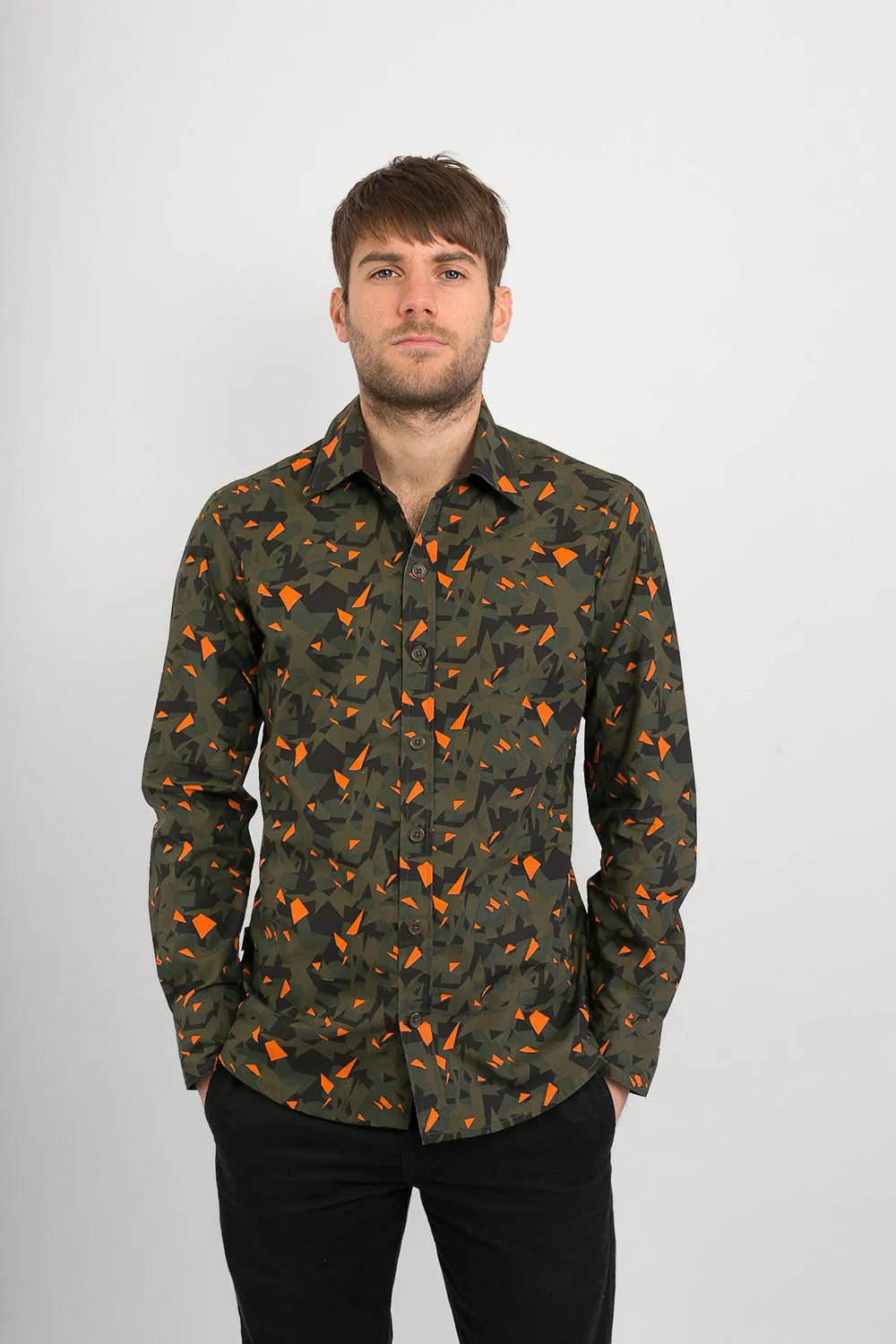 Green Orange Camouflage Military Print Cotton Mens Shirt