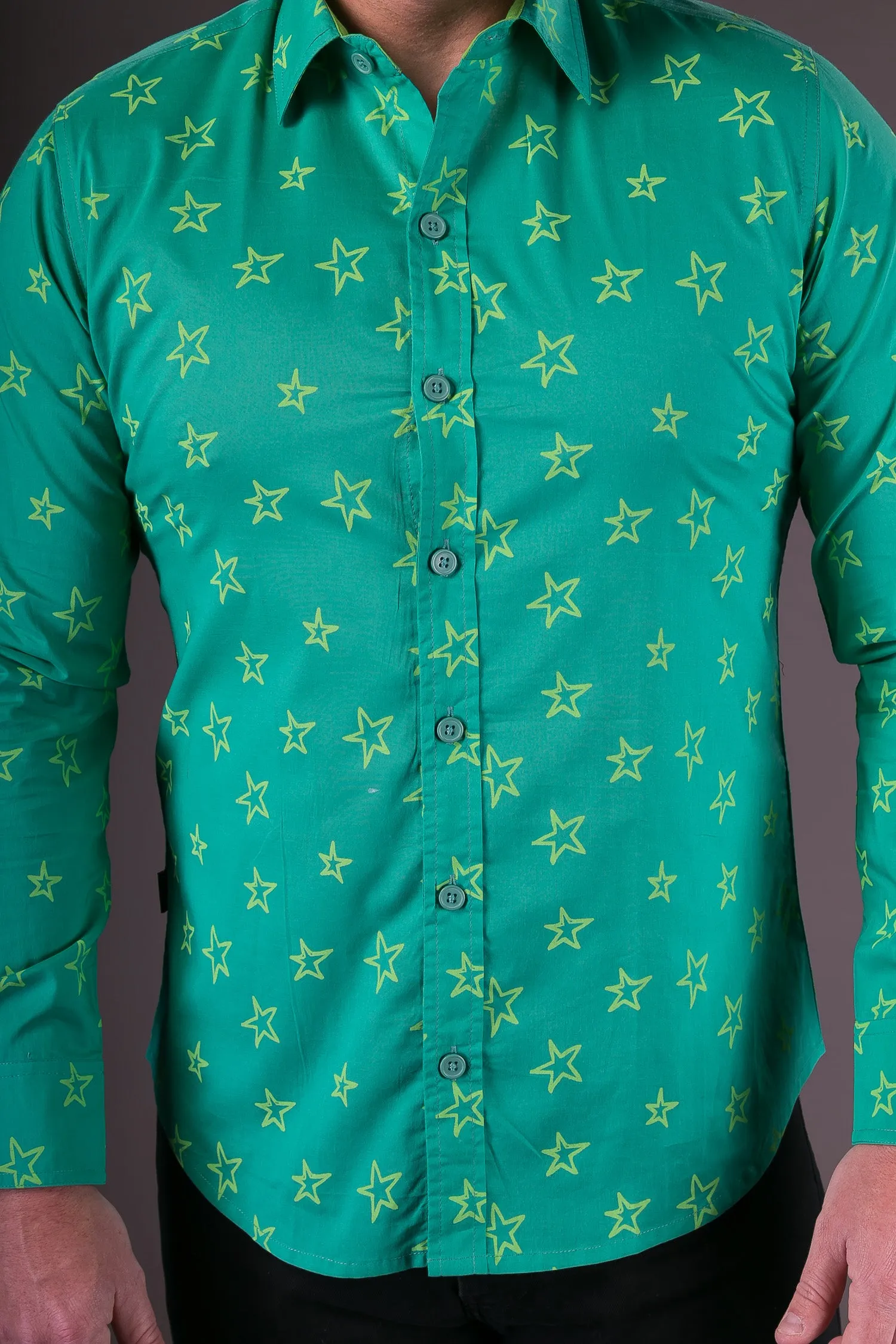 Green Star Print Cotton Slim Fit Mens Shirt Long Sleeve