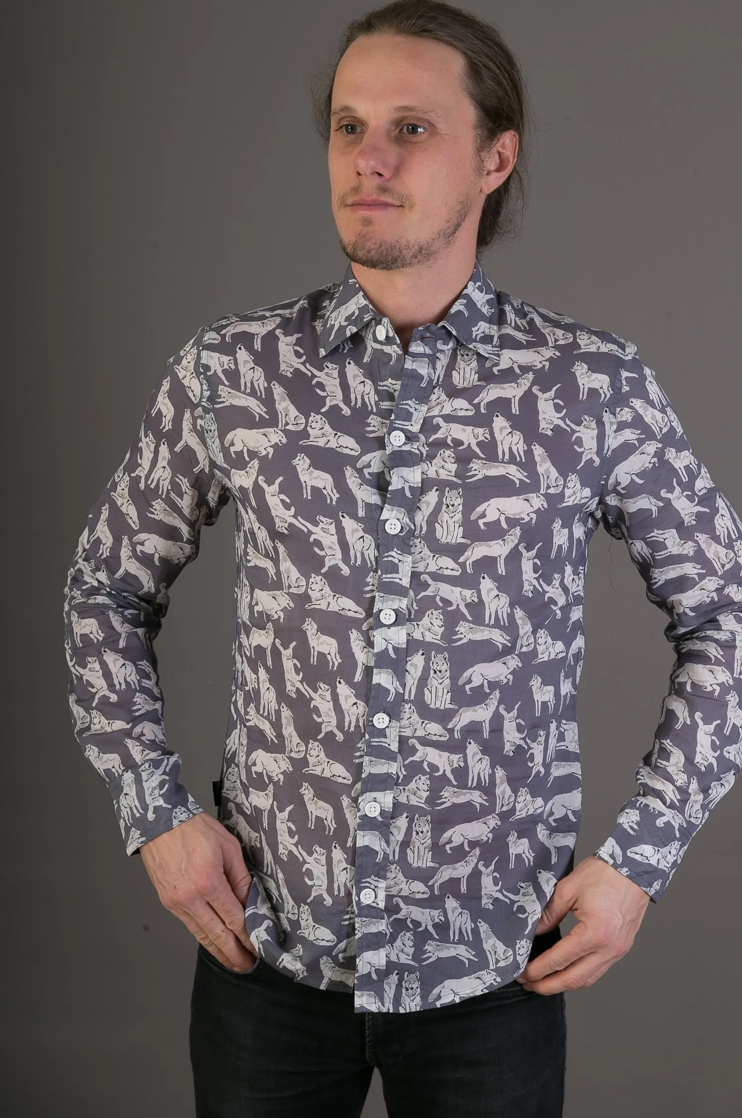 Grey Wolves Print Lightweight Cotton Slim and Regular Fit Mens Shirt Long Sleeve