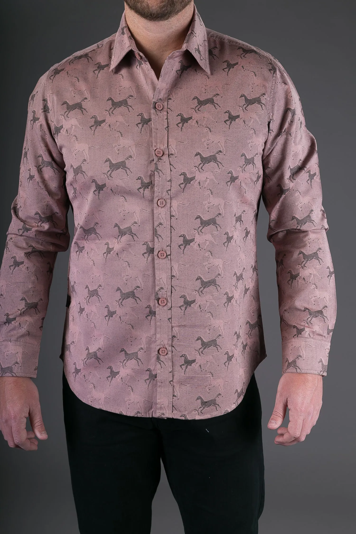 Horse Print Cotton Slim Fit Mens Shirt Long Sleeve