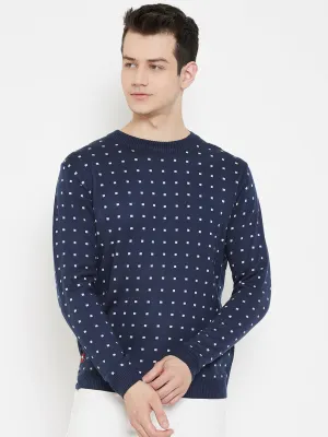 JUMP USA Men Navy Blue Checked Round Neck Casual Pullover