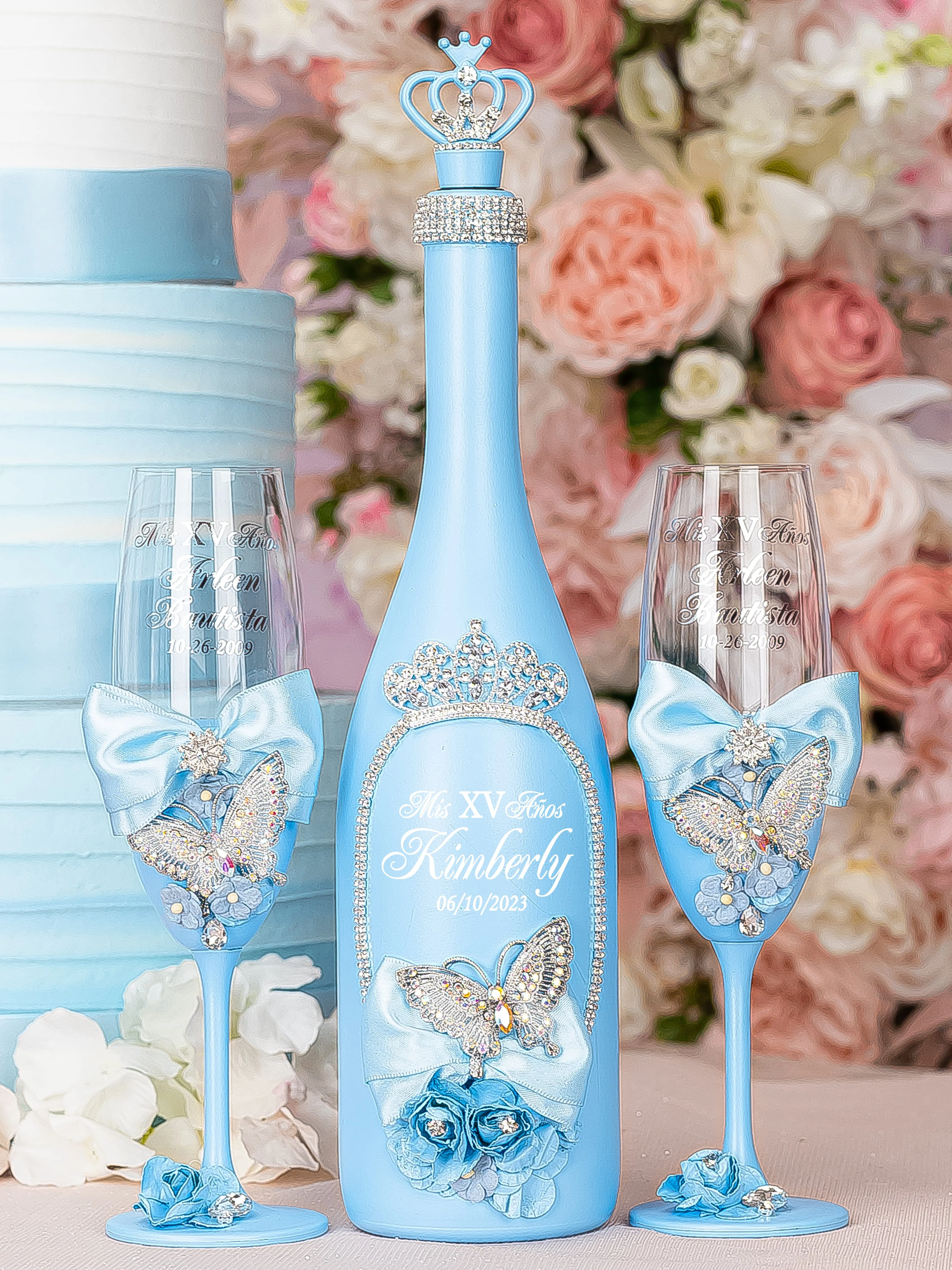 Light blue with butterflies quinceanera cake knife set with 2 glasses