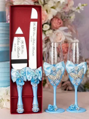 Light blue with butterflies quinceanera cake knife set with 2 glasses