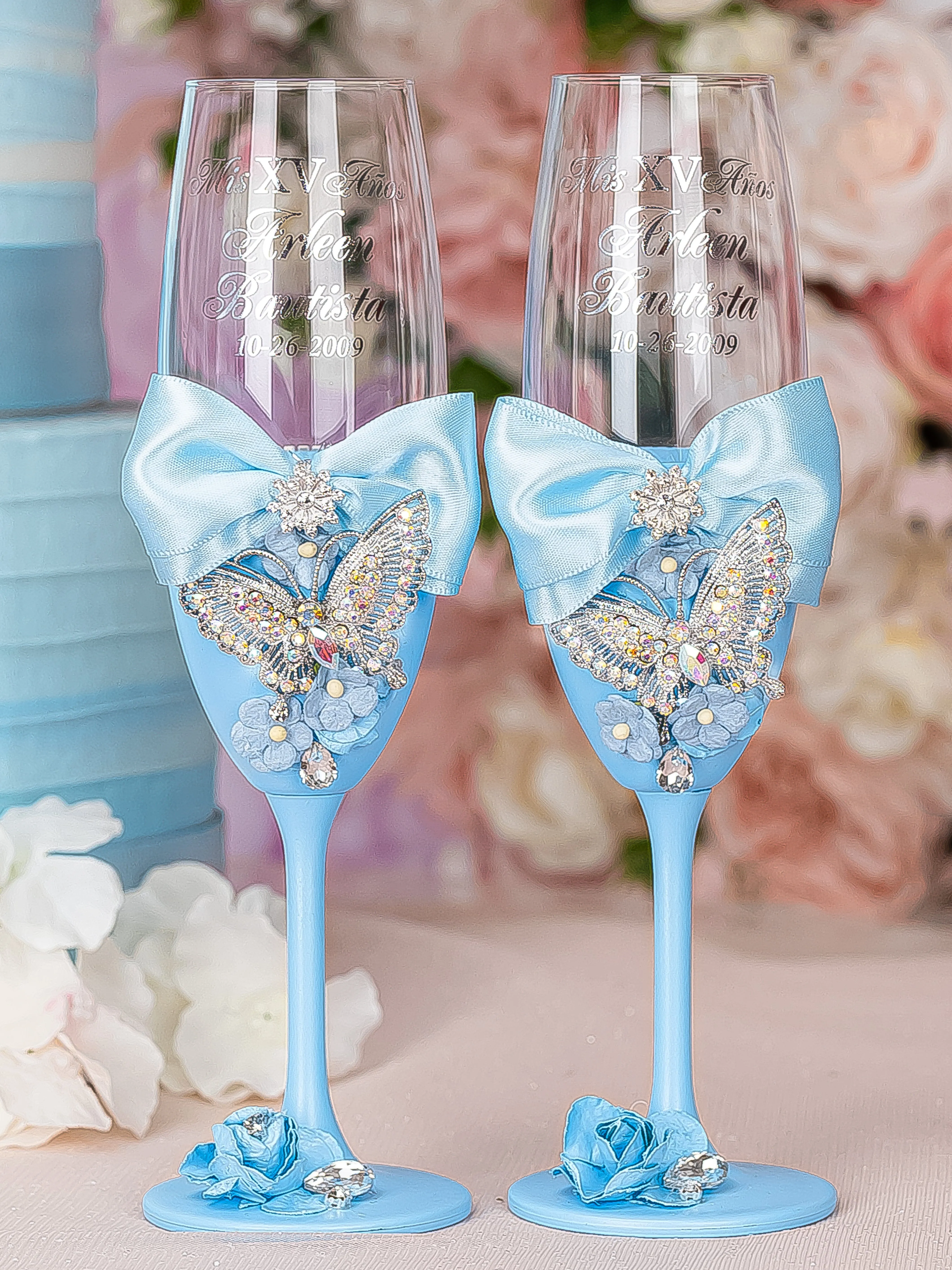 Light blue with butterflies quinceanera cake knife set with 2 glasses