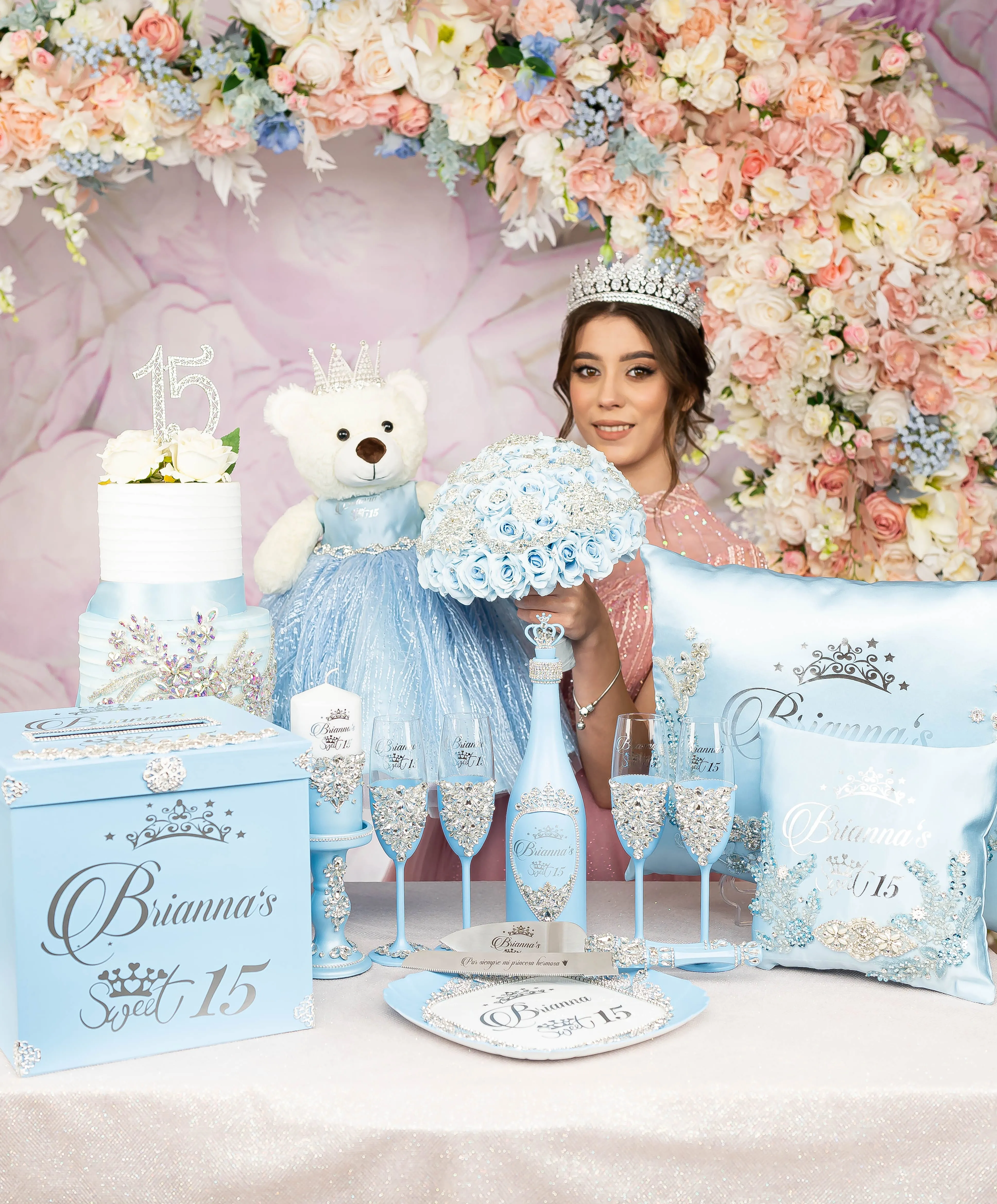 Light blue with butterflies Teddy Bear for quinceanera