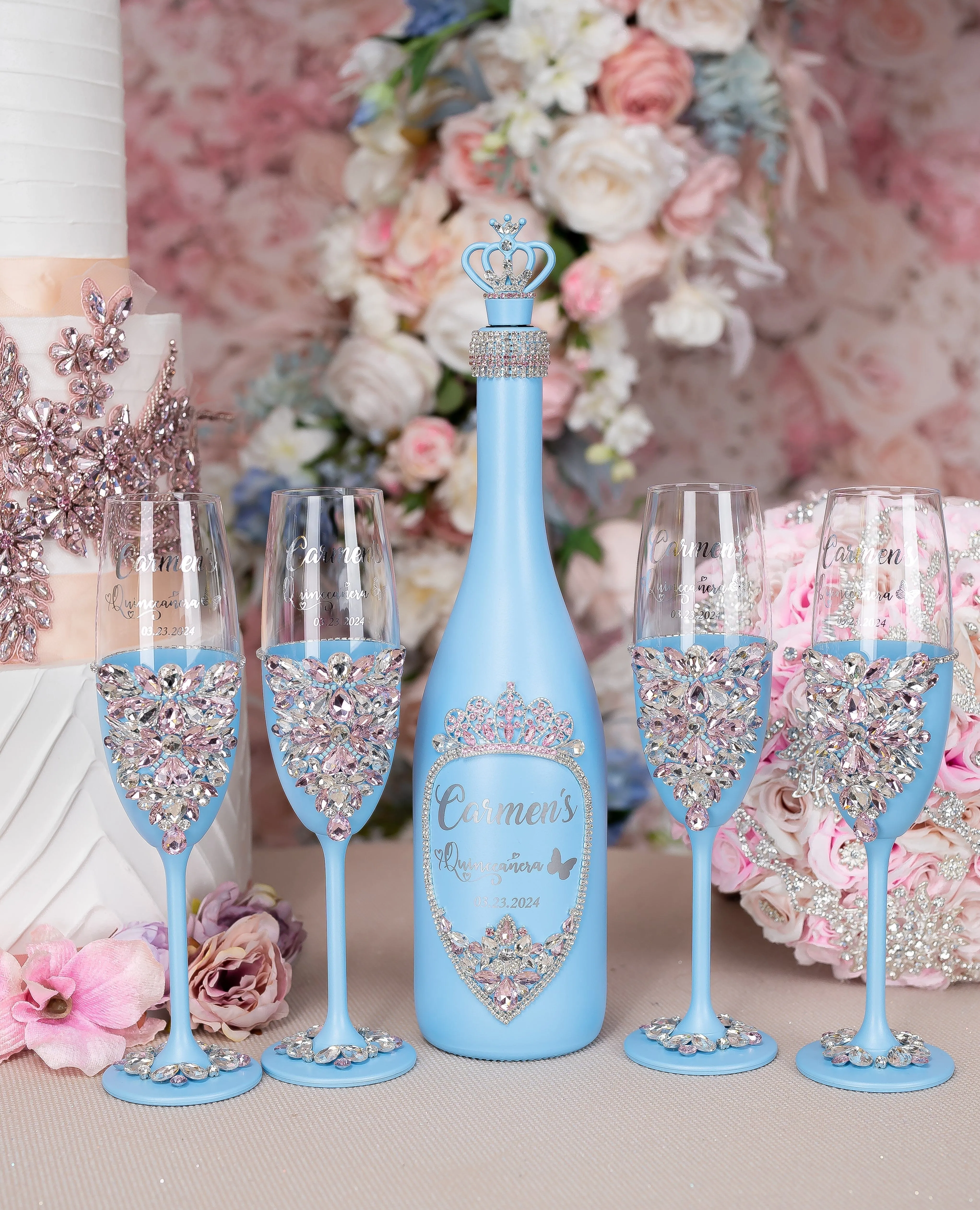 Light Blue with Pink Quinceanera Bottle with 4 Glasses