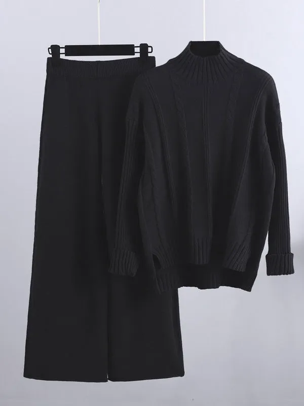 Loose Long Sleeves Split-Side Solid High-Low Half Turtleneck Sweater Tops & Wide Leg Pants Two Pieces Set