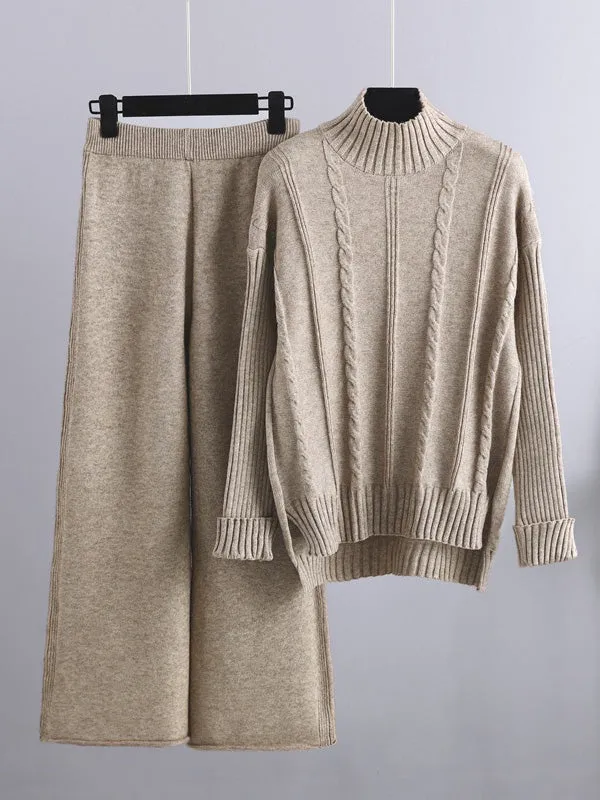 Loose Long Sleeves Split-Side Solid High-Low Half Turtleneck Sweater Tops & Wide Leg Pants Two Pieces Set