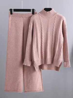 Loose Long Sleeves Split-Side Solid High-Low Half Turtleneck Sweater Tops & Wide Leg Pants Two Pieces Set