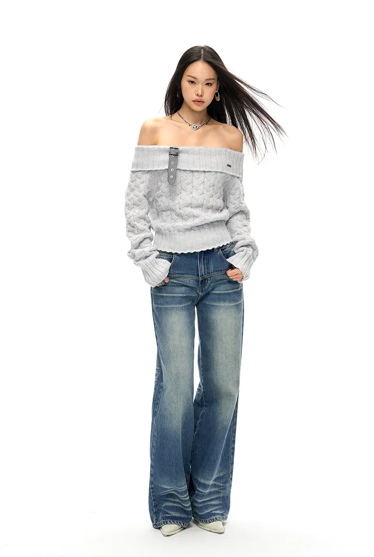 Love of A Sudden Off Shoulder Belt Sweater