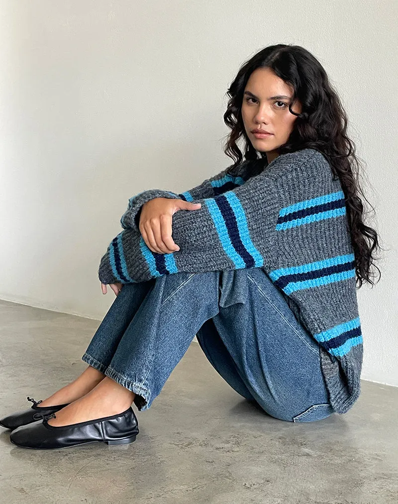 Lunet Knitted Jumper in Stripe Grey and Blue