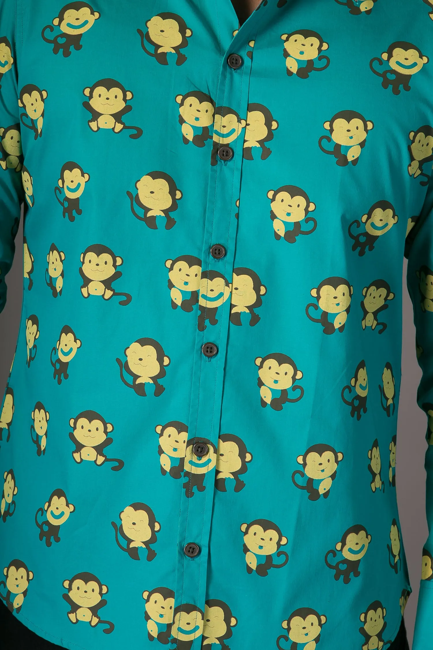 Monkeys Green Blue Yellow Print Cotton Slim Fit Mens Shirt Long Sleeve