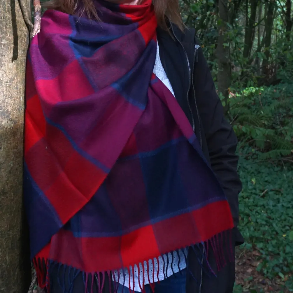 Oversized Merino Wool Wrap Scarf in Red, Navy and Purple