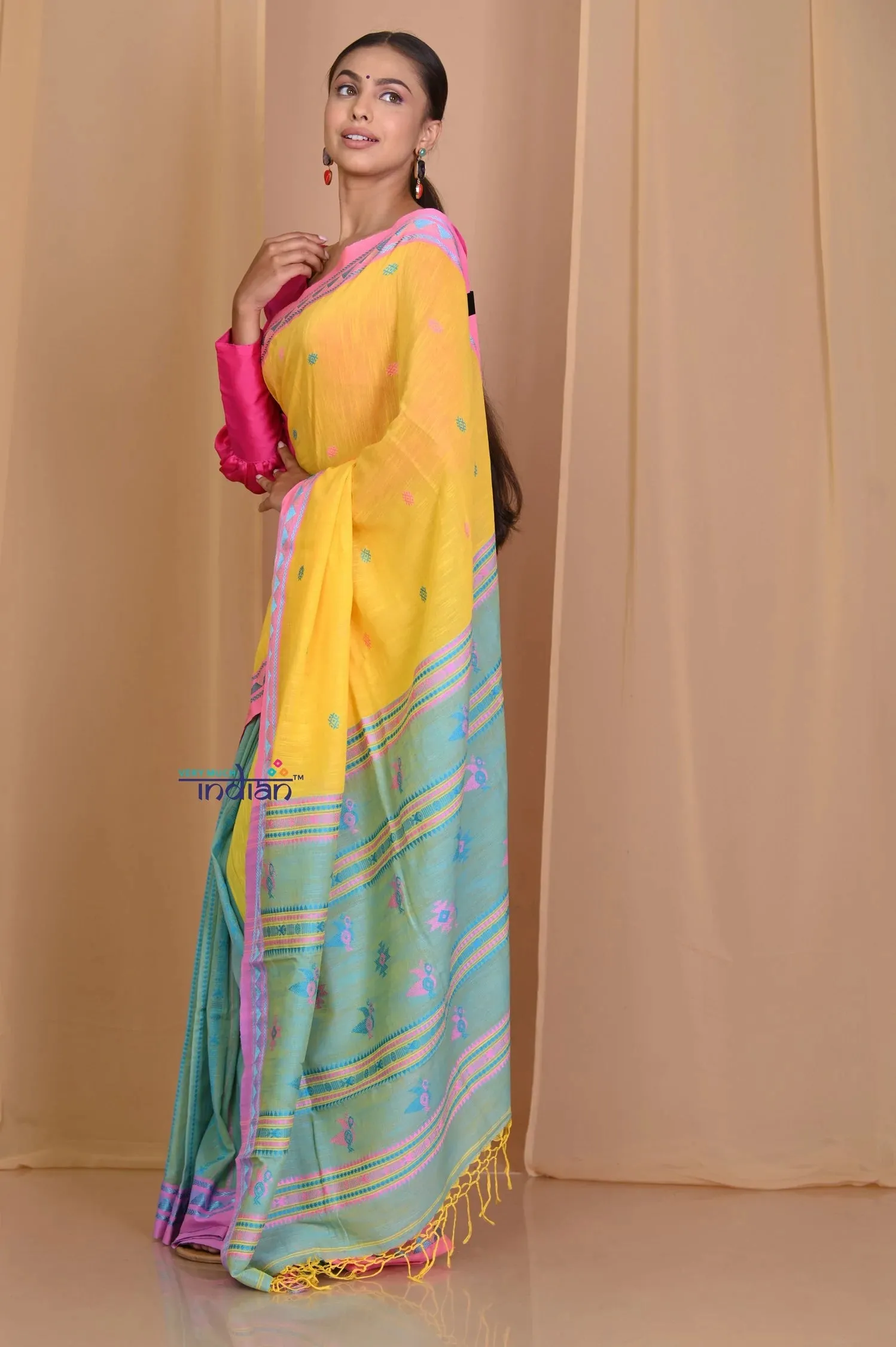 Pehal~ Traditional Multicolor Yellow- Blue Handloom Pure Jamdhani Cotton Saree with Authentic Pallu