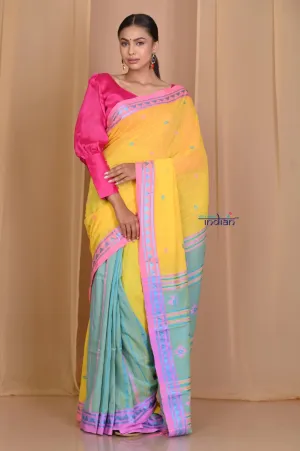 Pehal~ Traditional Multicolor Yellow- Blue Handloom Pure Jamdhani Cotton Saree with Authentic Pallu