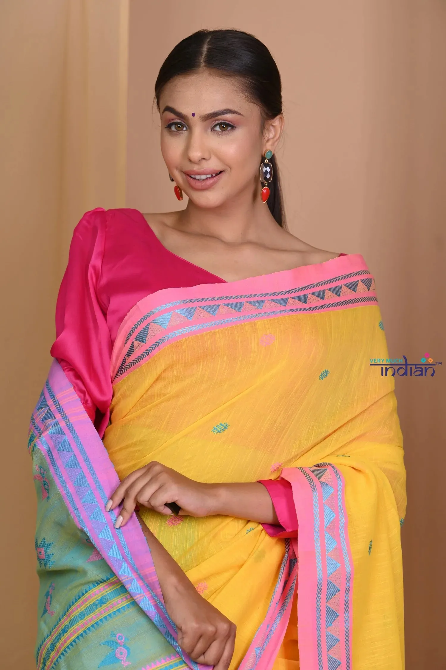 Pehal~ Traditional Multicolor Yellow- Blue Handloom Pure Jamdhani Cotton Saree with Authentic Pallu