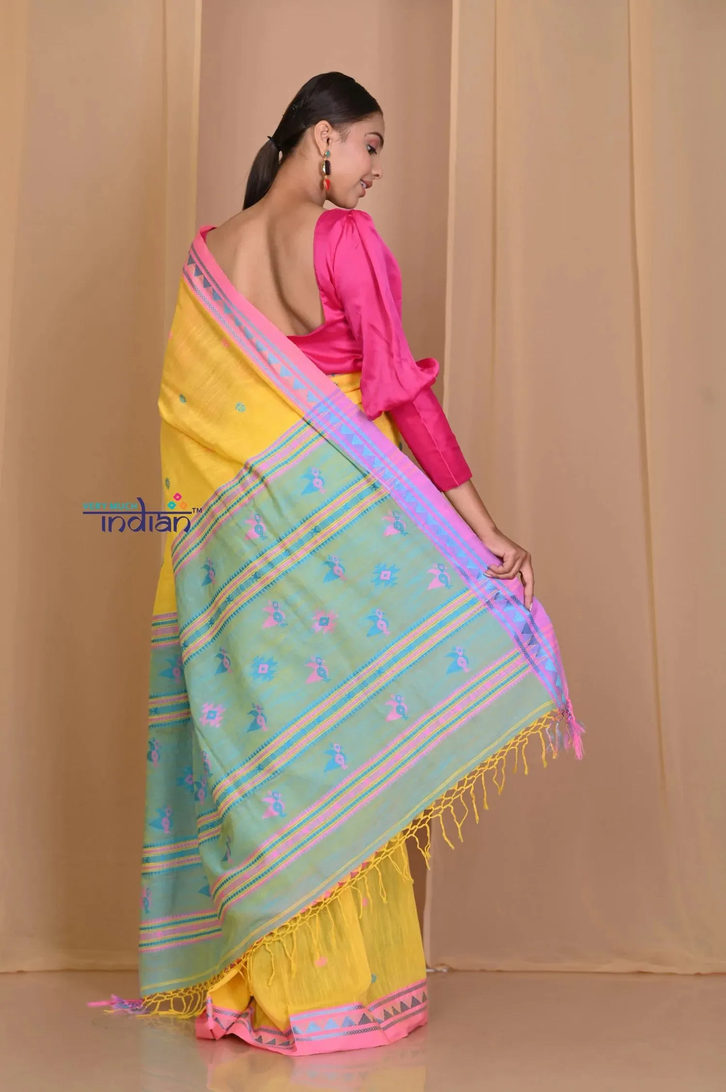 Pehal~ Traditional Multicolor Yellow- Blue Handloom Pure Jamdhani Cotton Saree with Authentic Pallu