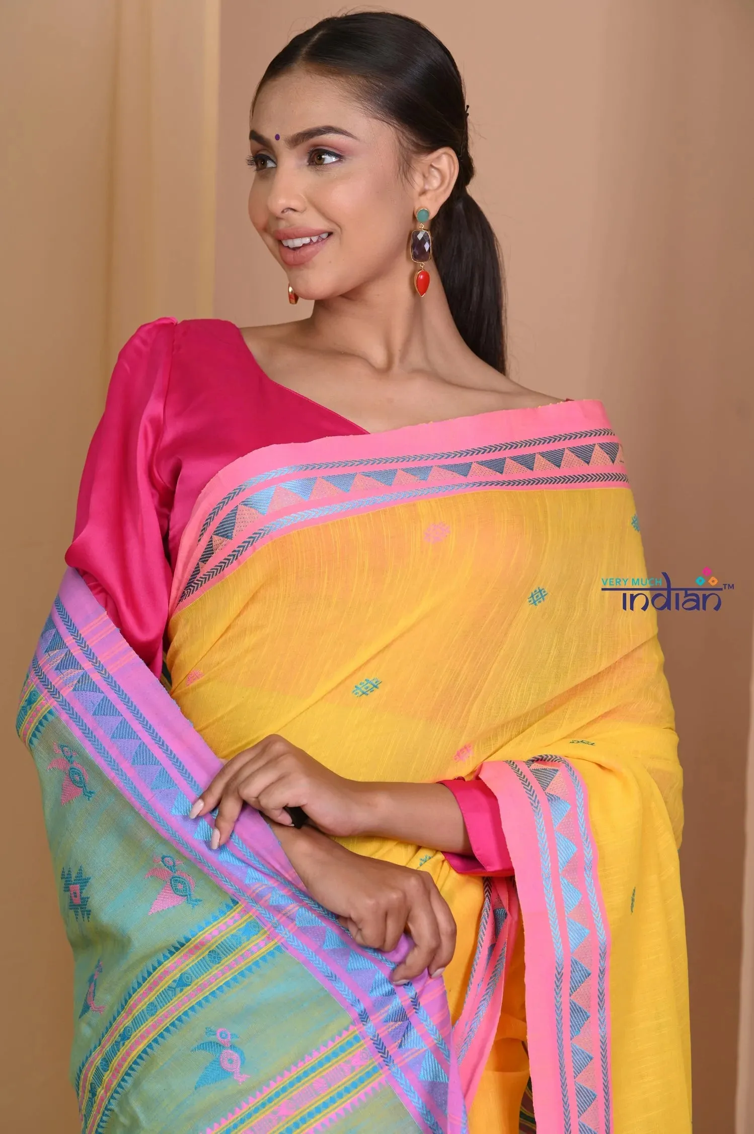 Pehal~ Traditional Multicolor Yellow- Blue Handloom Pure Jamdhani Cotton Saree with Authentic Pallu