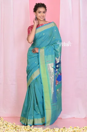 Pehal~Traditional Dual Tone Turqoise Blue Cotton Paithani with Traditional Radha Krishna Pallu