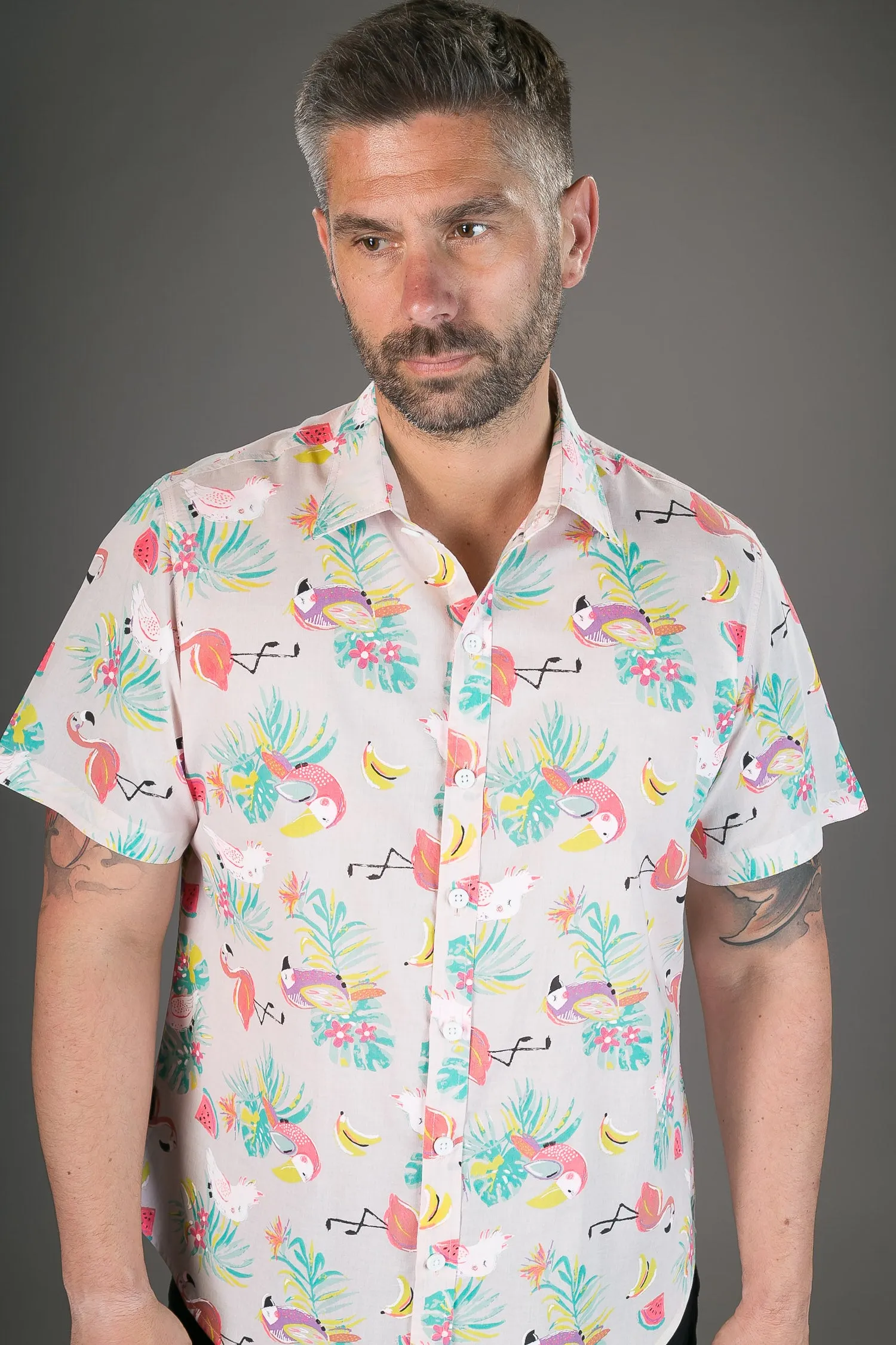 Pink Flamingo Toucan Print Cotton Slim and Regular Fit Mens Shirt Short Sleeve