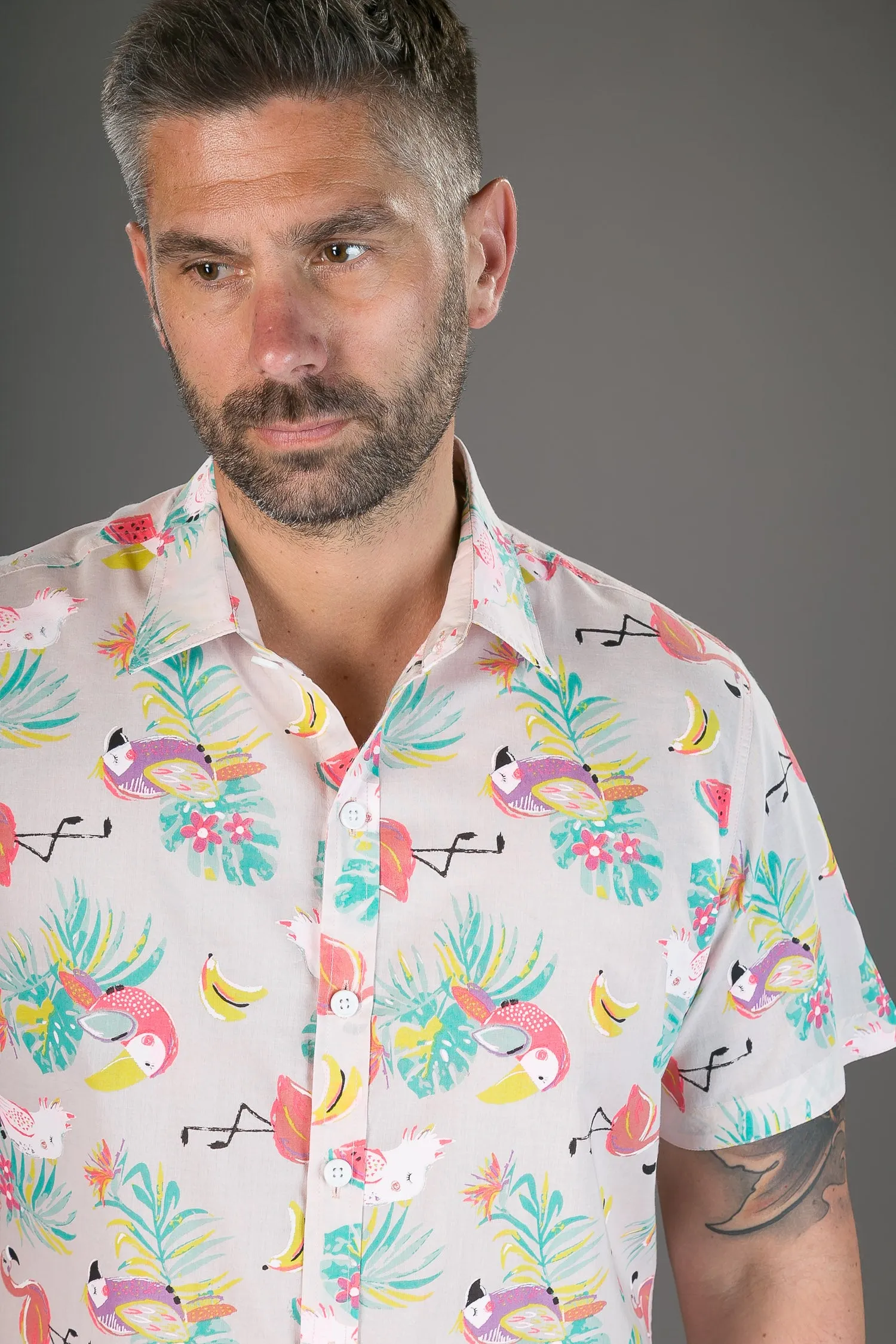 Pink Flamingo Toucan Print Cotton Slim and Regular Fit Mens Shirt Short Sleeve