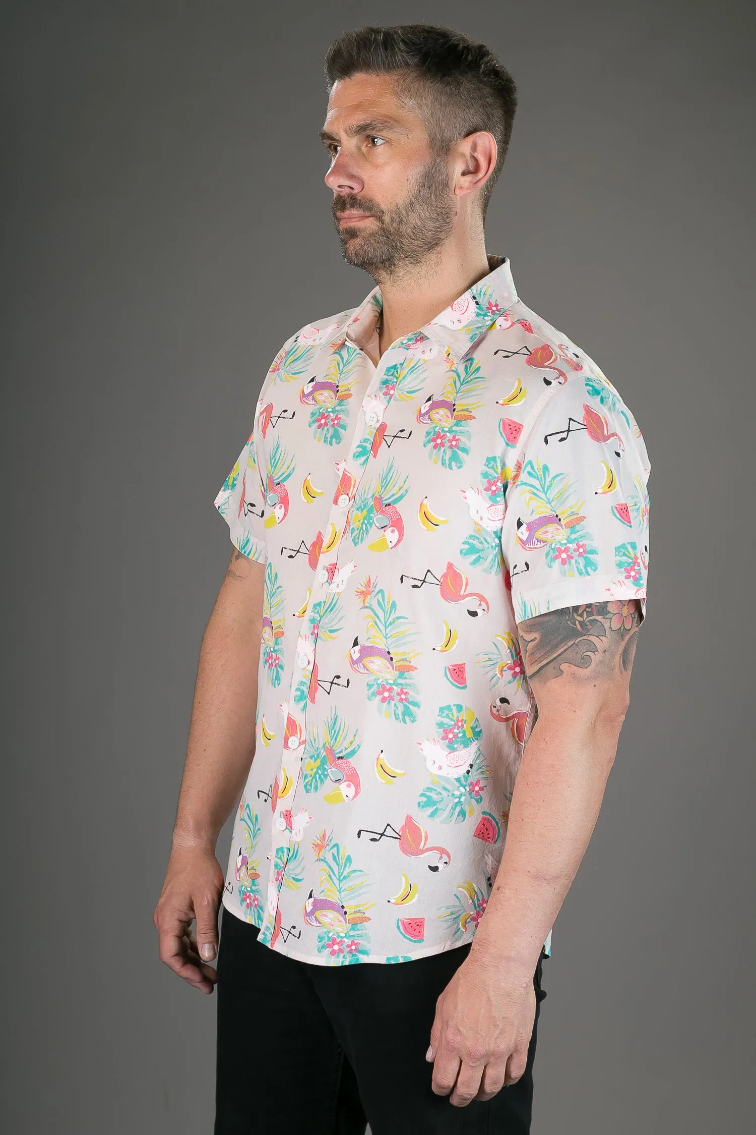 Pink Flamingo Toucan Print Cotton Slim and Regular Fit Mens Shirt Short Sleeve