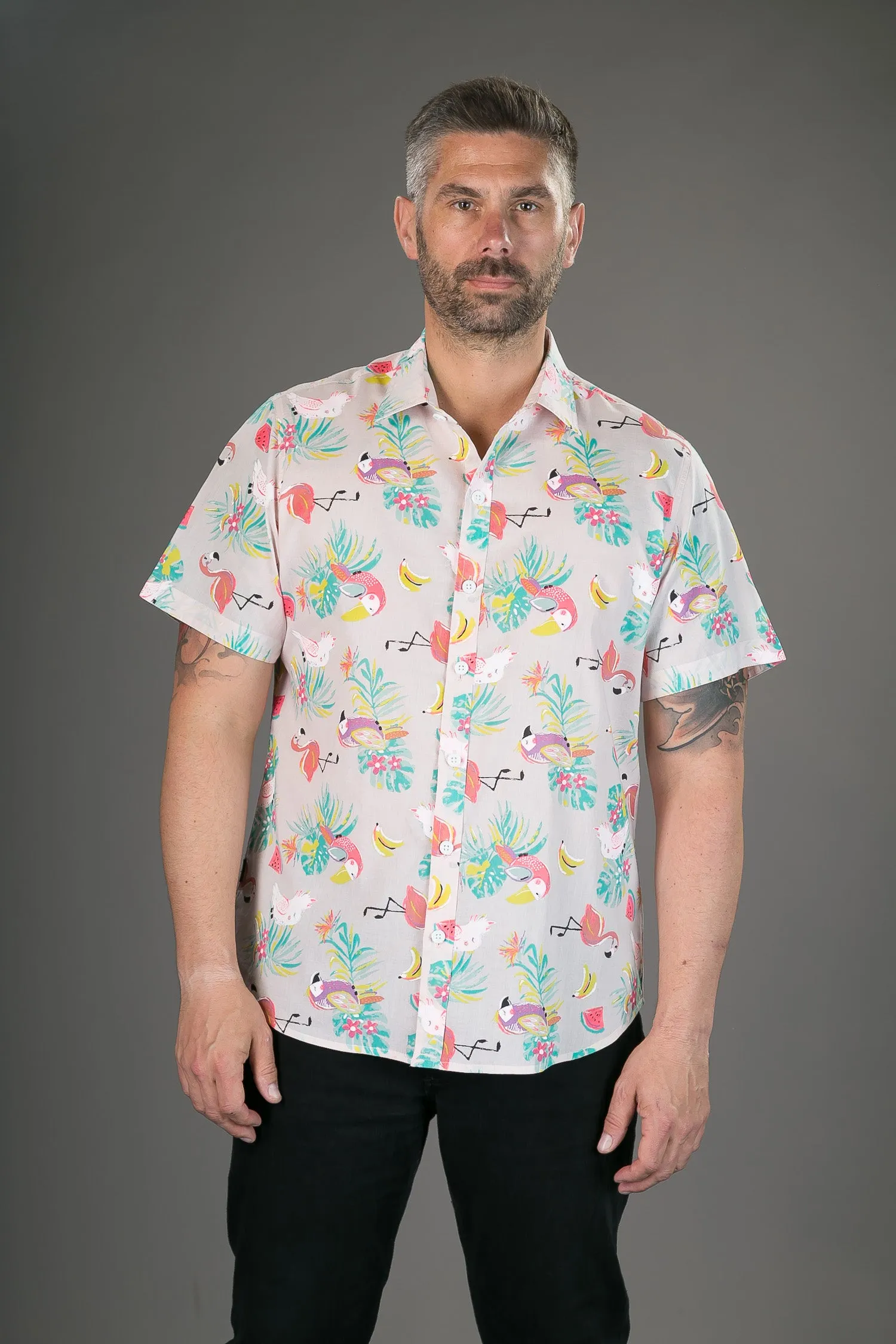 Pink Flamingo Toucan Print Cotton Slim and Regular Fit Mens Shirt Short Sleeve