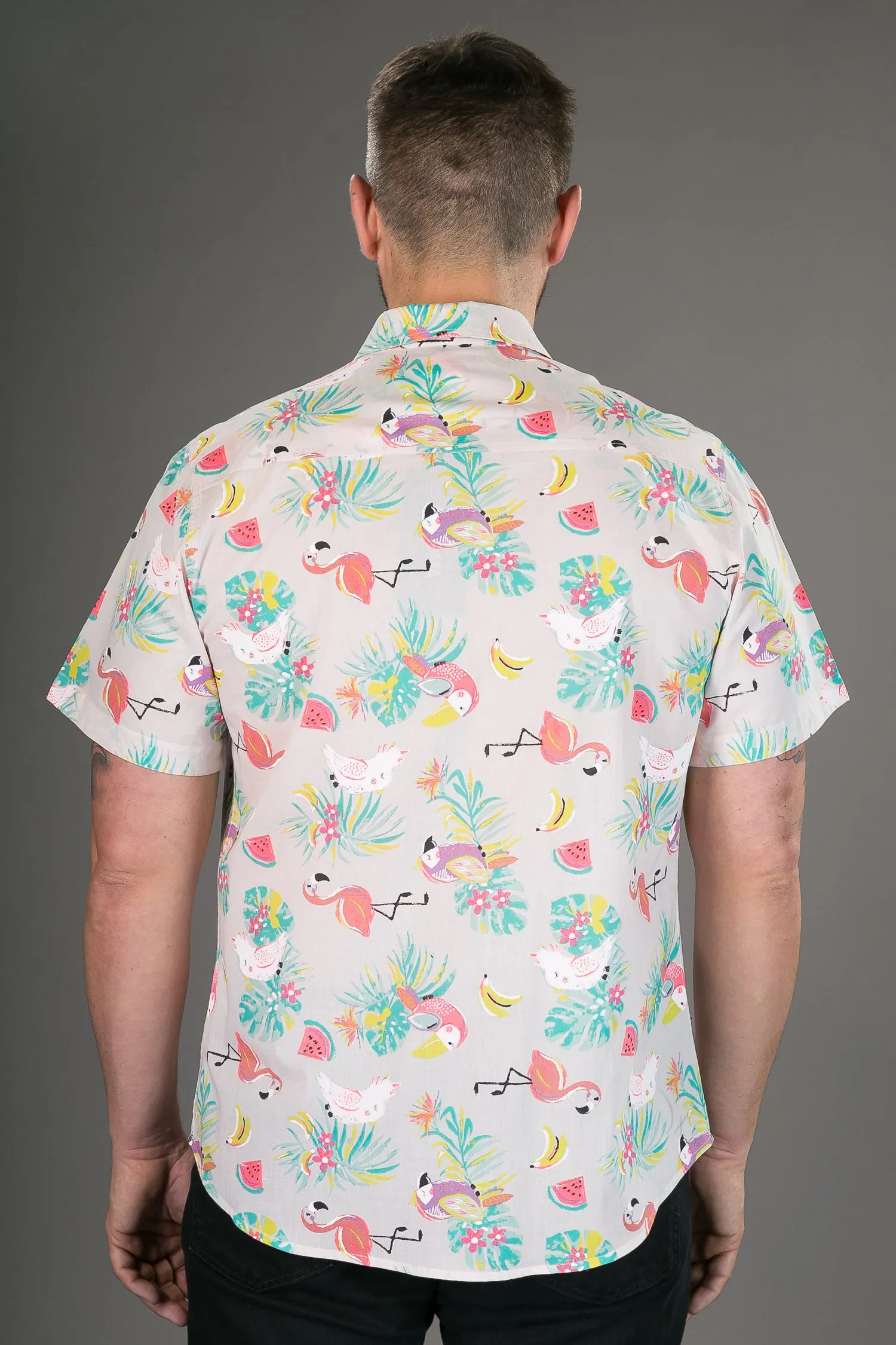 Pink Flamingo Toucan Print Cotton Slim and Regular Fit Mens Shirt Short Sleeve