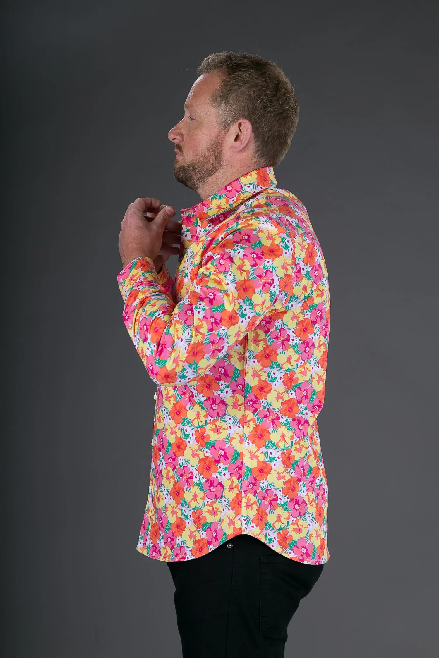 Pink Yellow Floral Print Heavy Cotton Slim Fit Mens Shirt Long Sleeve