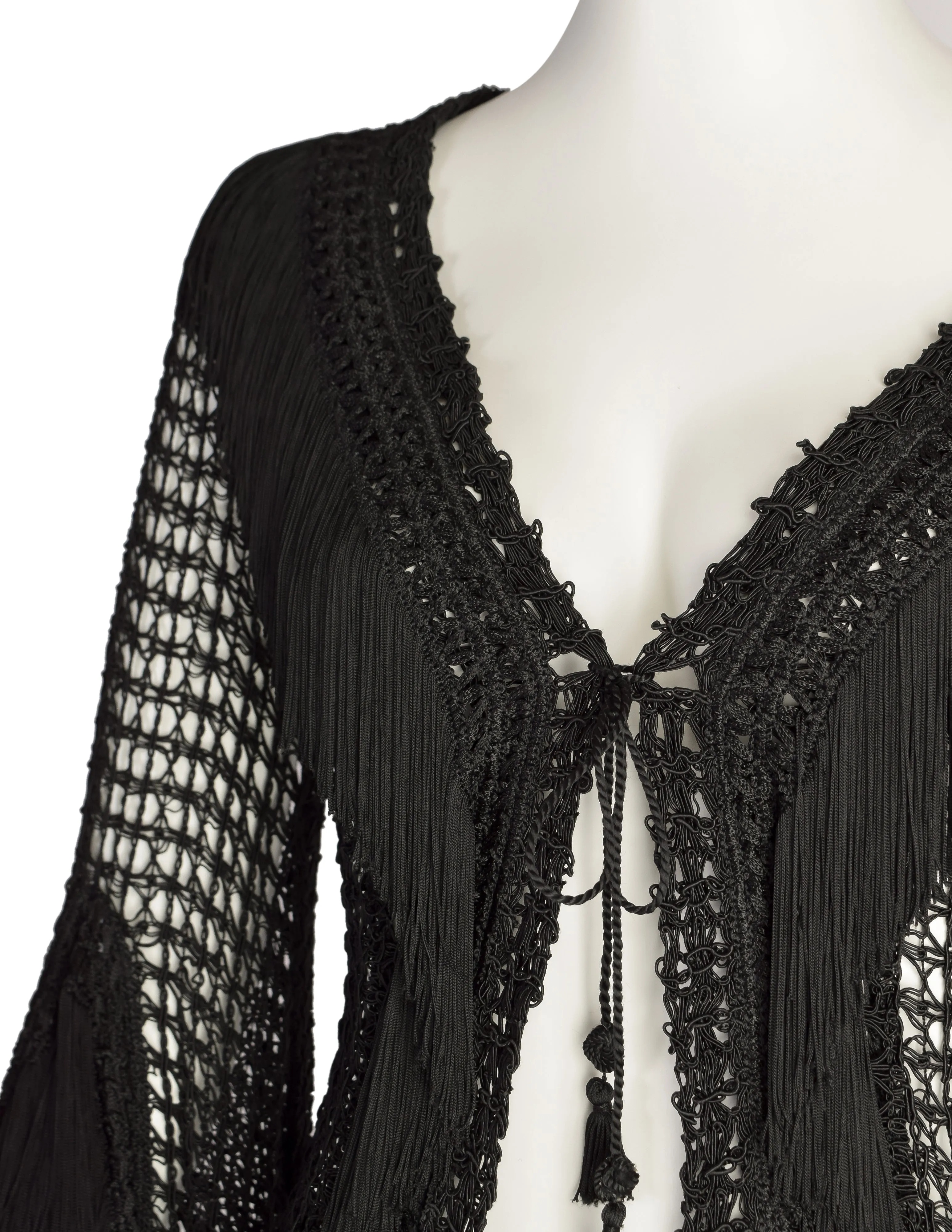 Plein Sud Vintage 1990s Black Macrame Fringe Bell Sleeve Cardigan