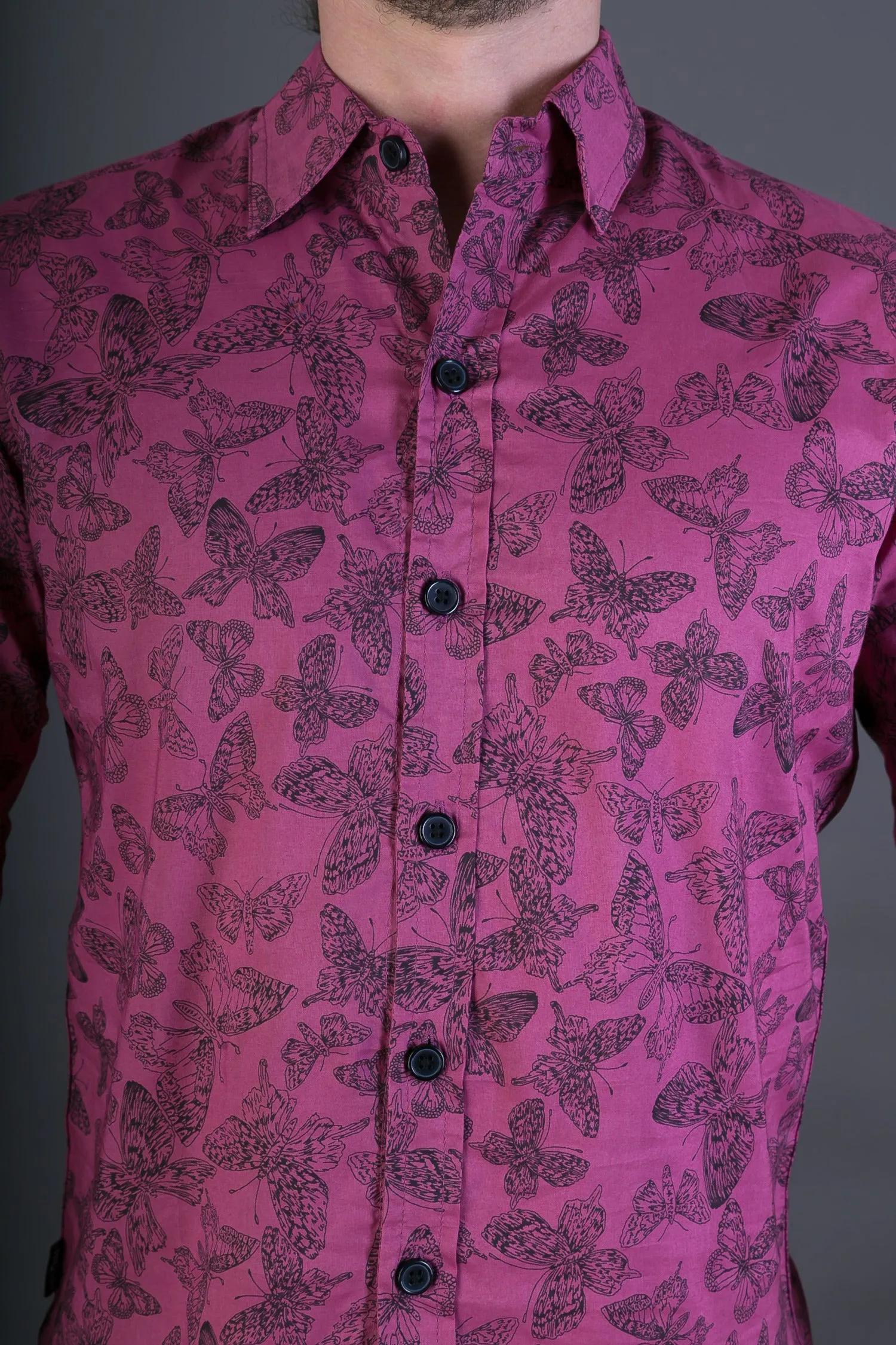 Purple Butterfly Print Cotton Slim Fit Mens Shirt Long Sleeve