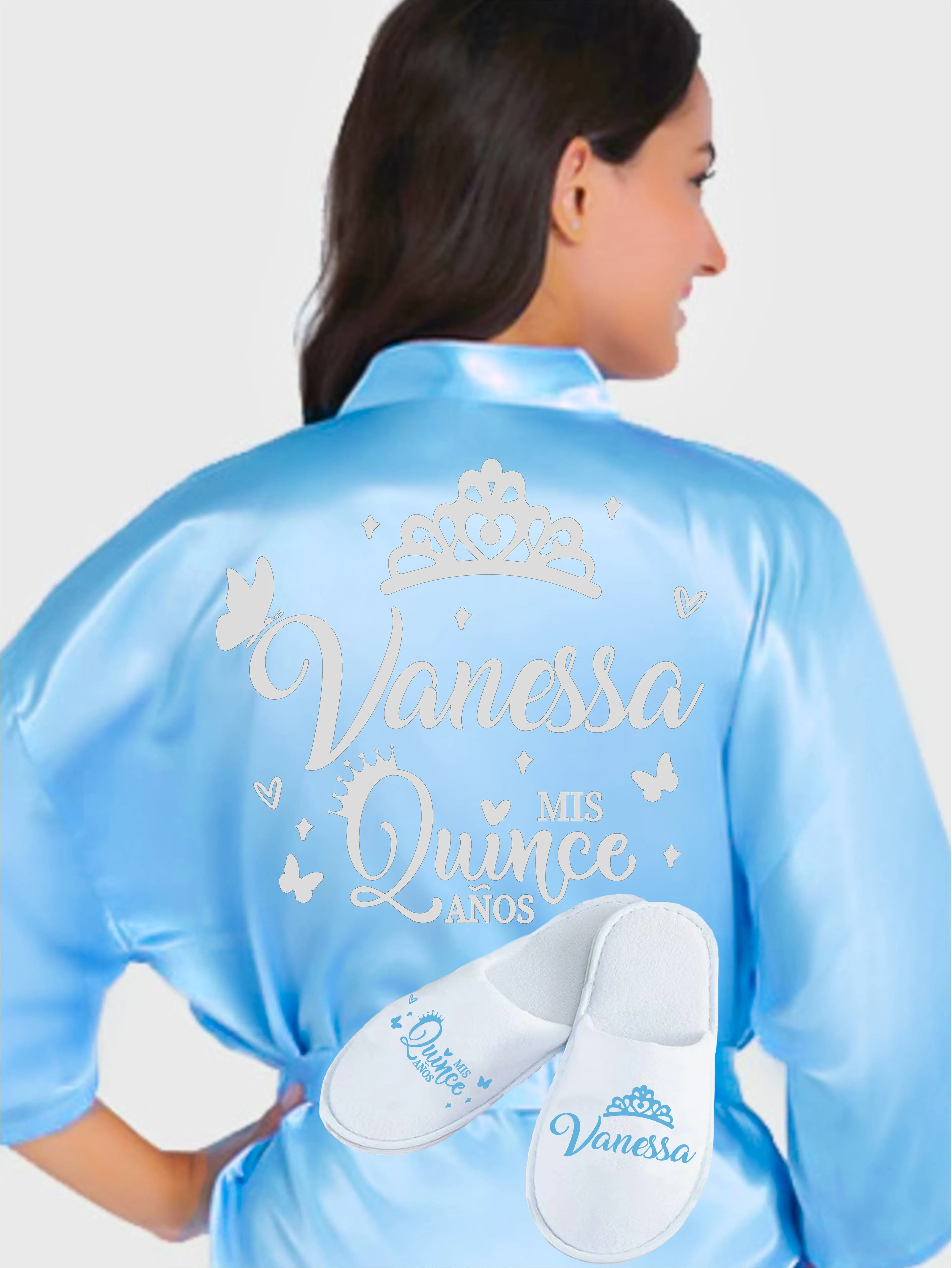 Quinceanera Light Blue with Silver robe with slippers