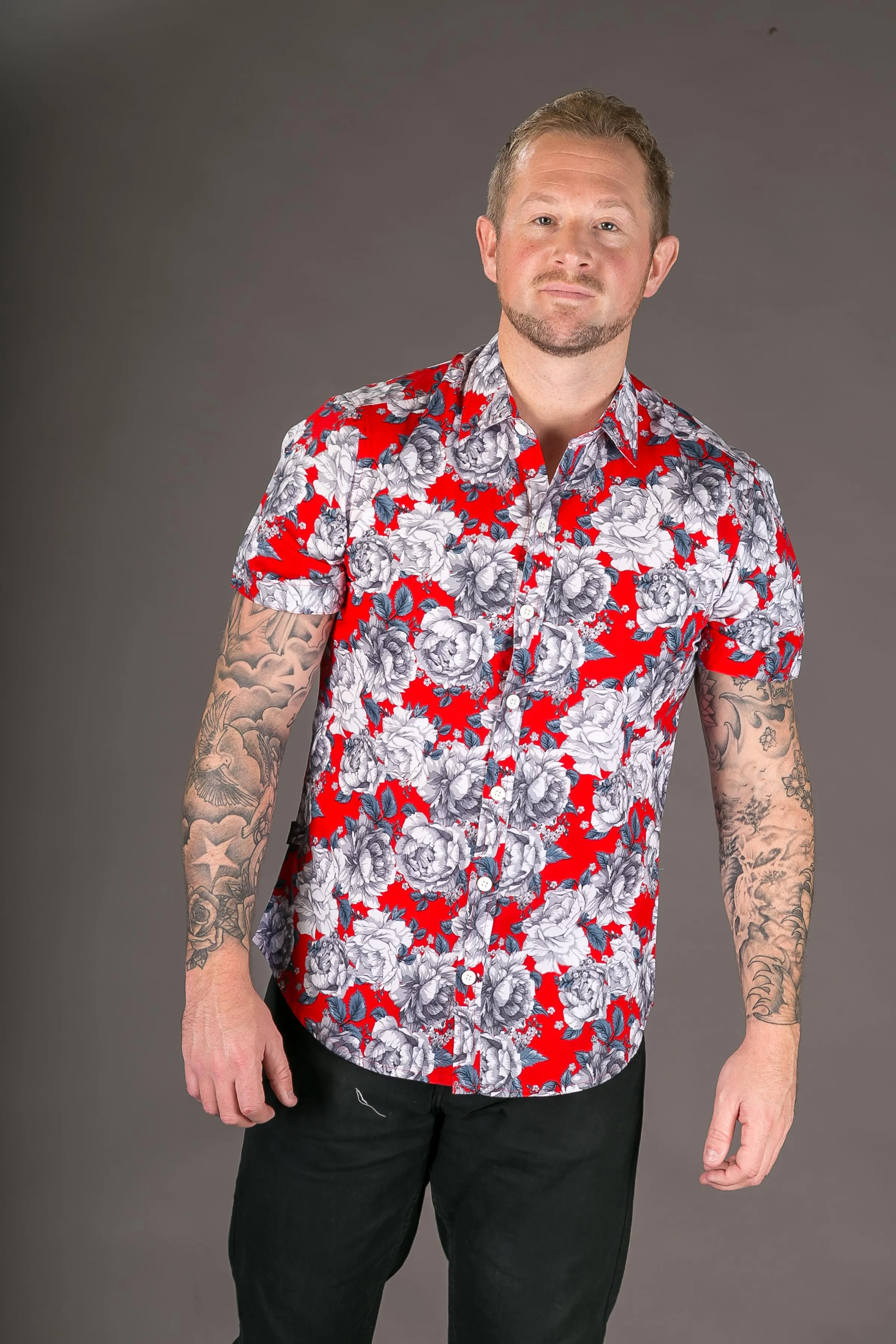 Red Floral Print Cotton Slim and Regular Fit Mens Shirt Short Sleeve