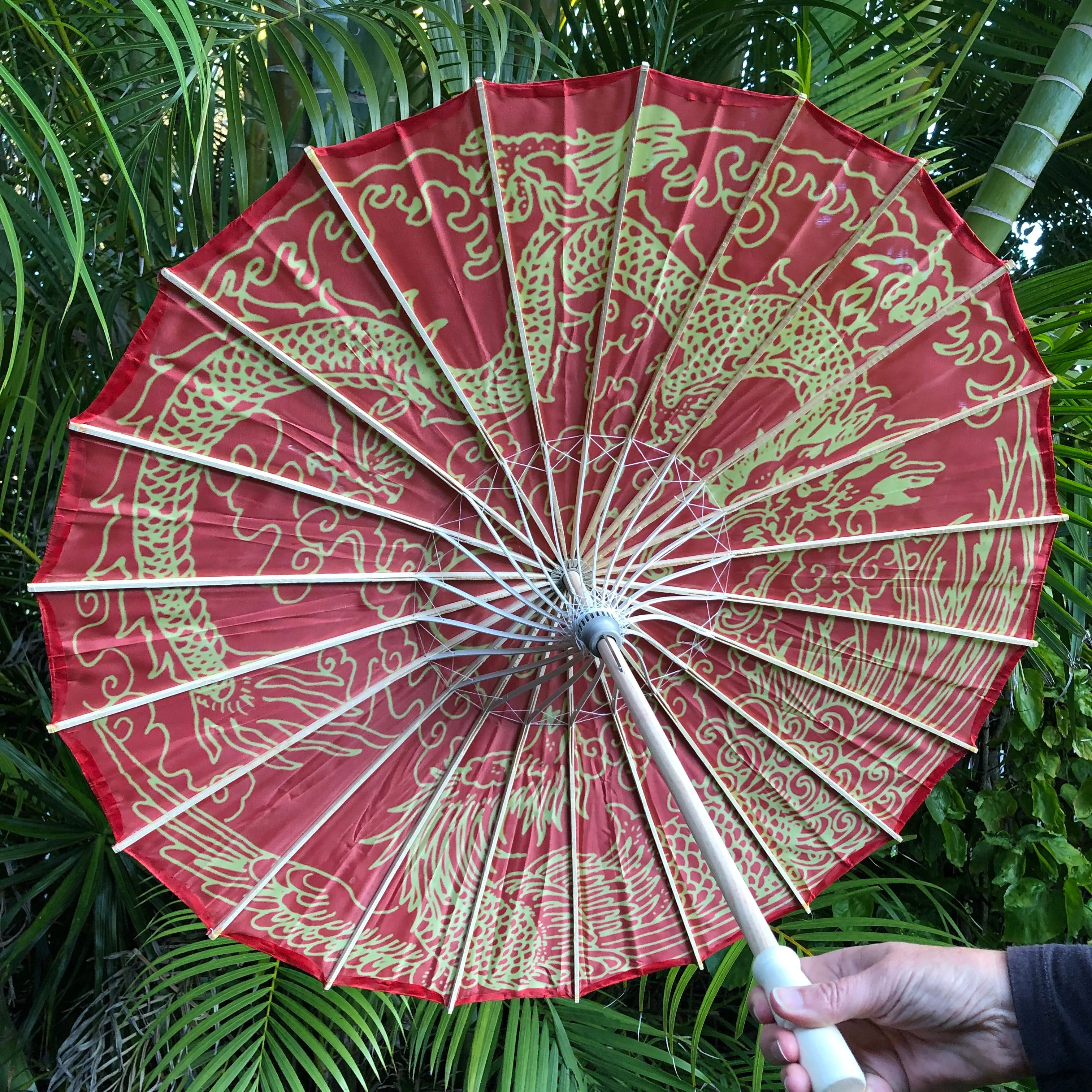 Red Nylon Parasol - Chinese Dragon and Phoenix