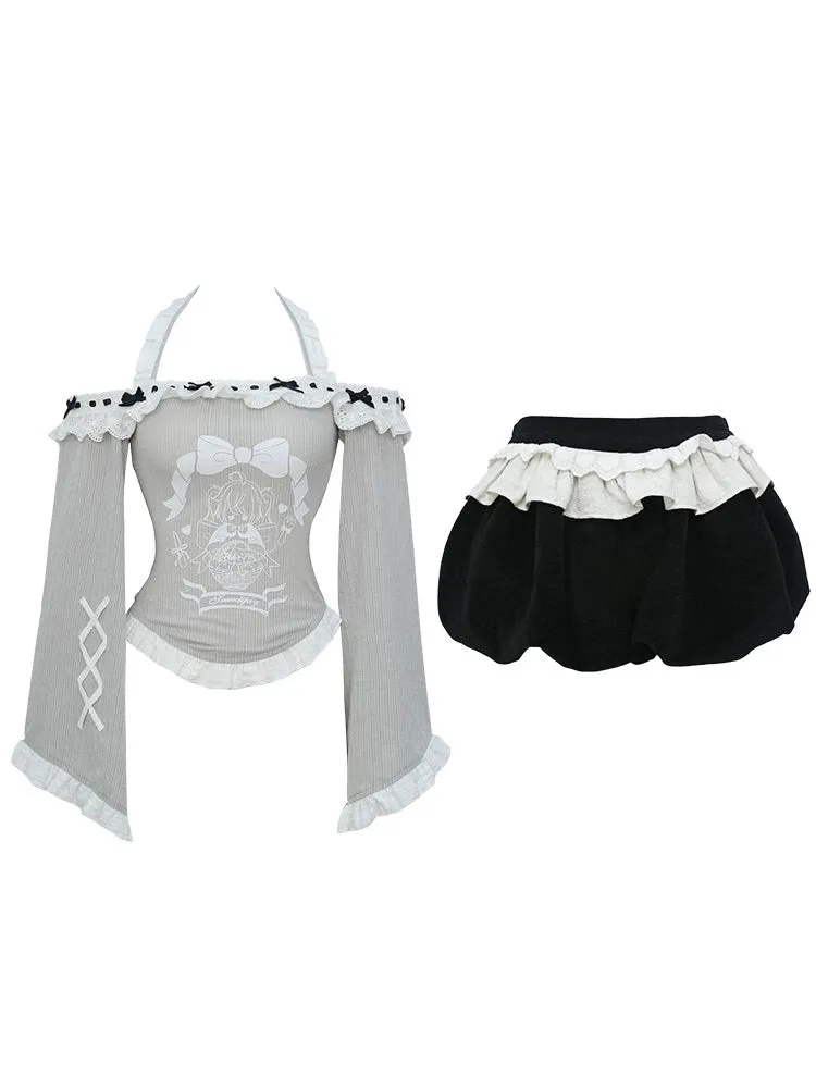 Serendipity Sugar Bobo Gray Top & Black Velvet Shorts Two Piece Set