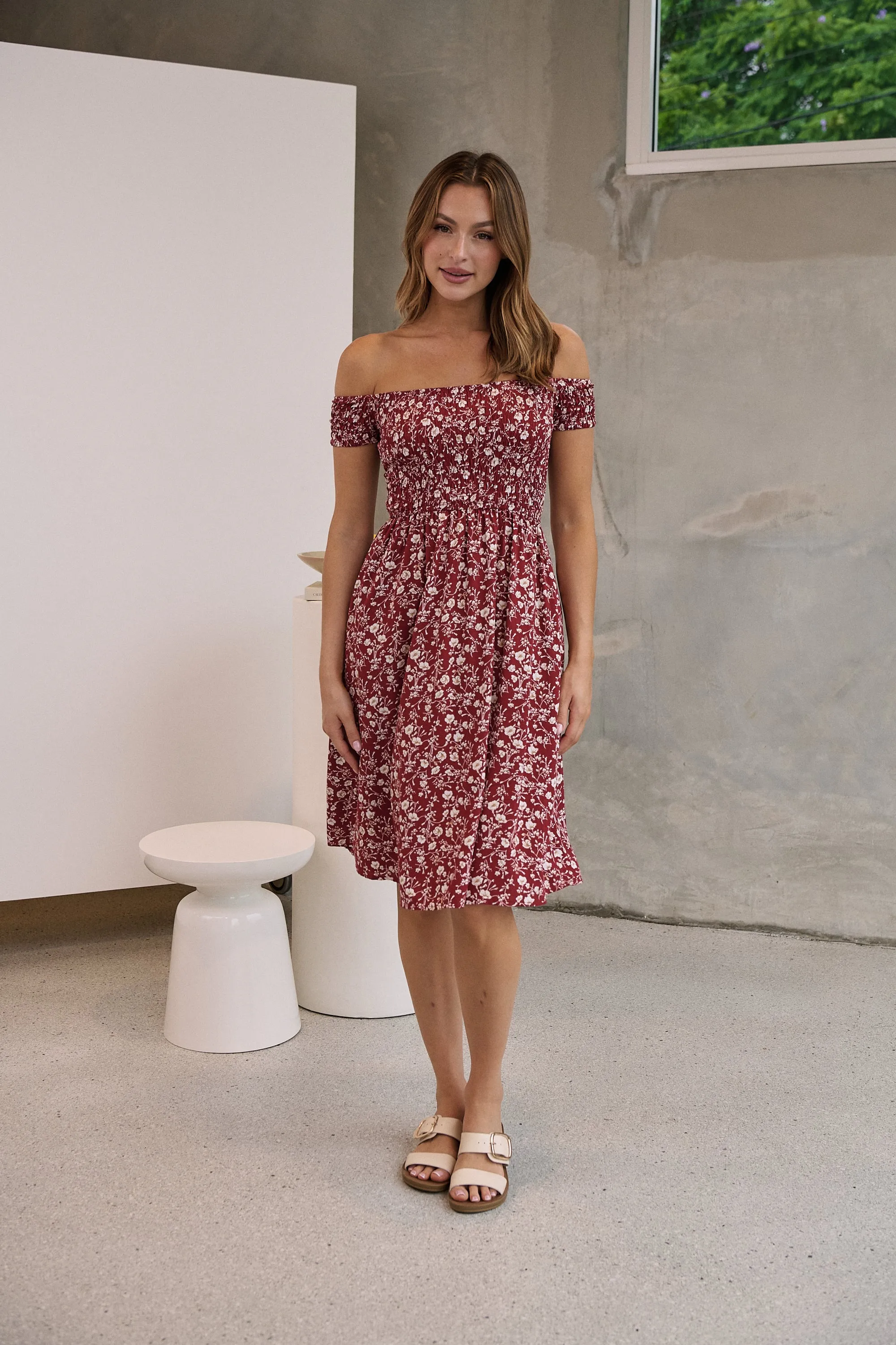 Soleil Shirred Red Floral Off Shoulder Midi Dress