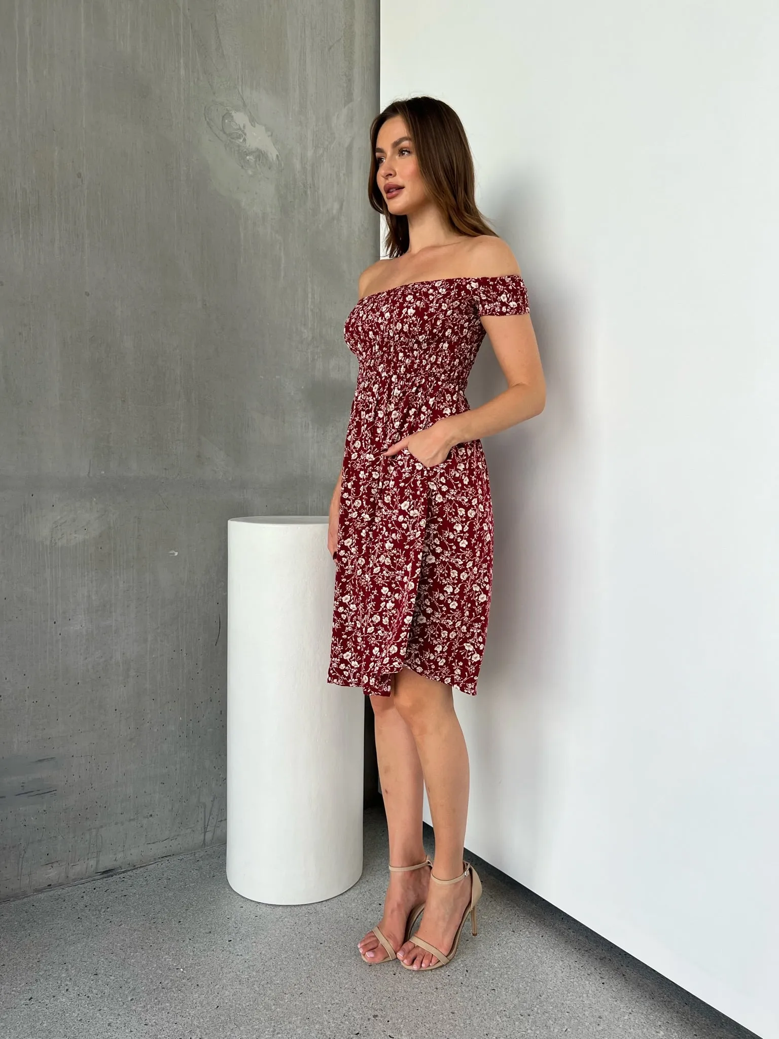 Soleil Shirred Red Floral Off Shoulder Midi Dress