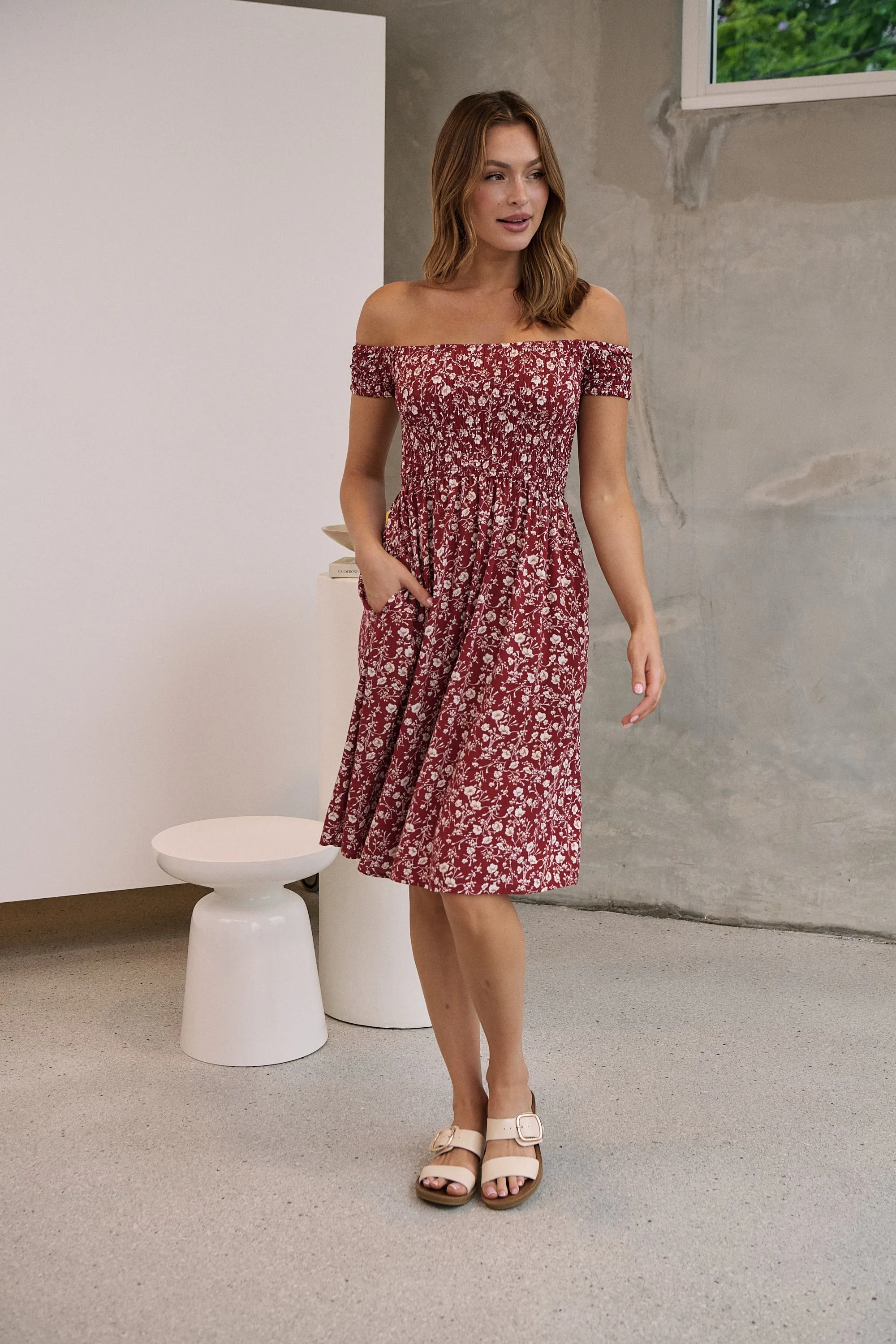 Soleil Shirred Red Floral Off Shoulder Midi Dress