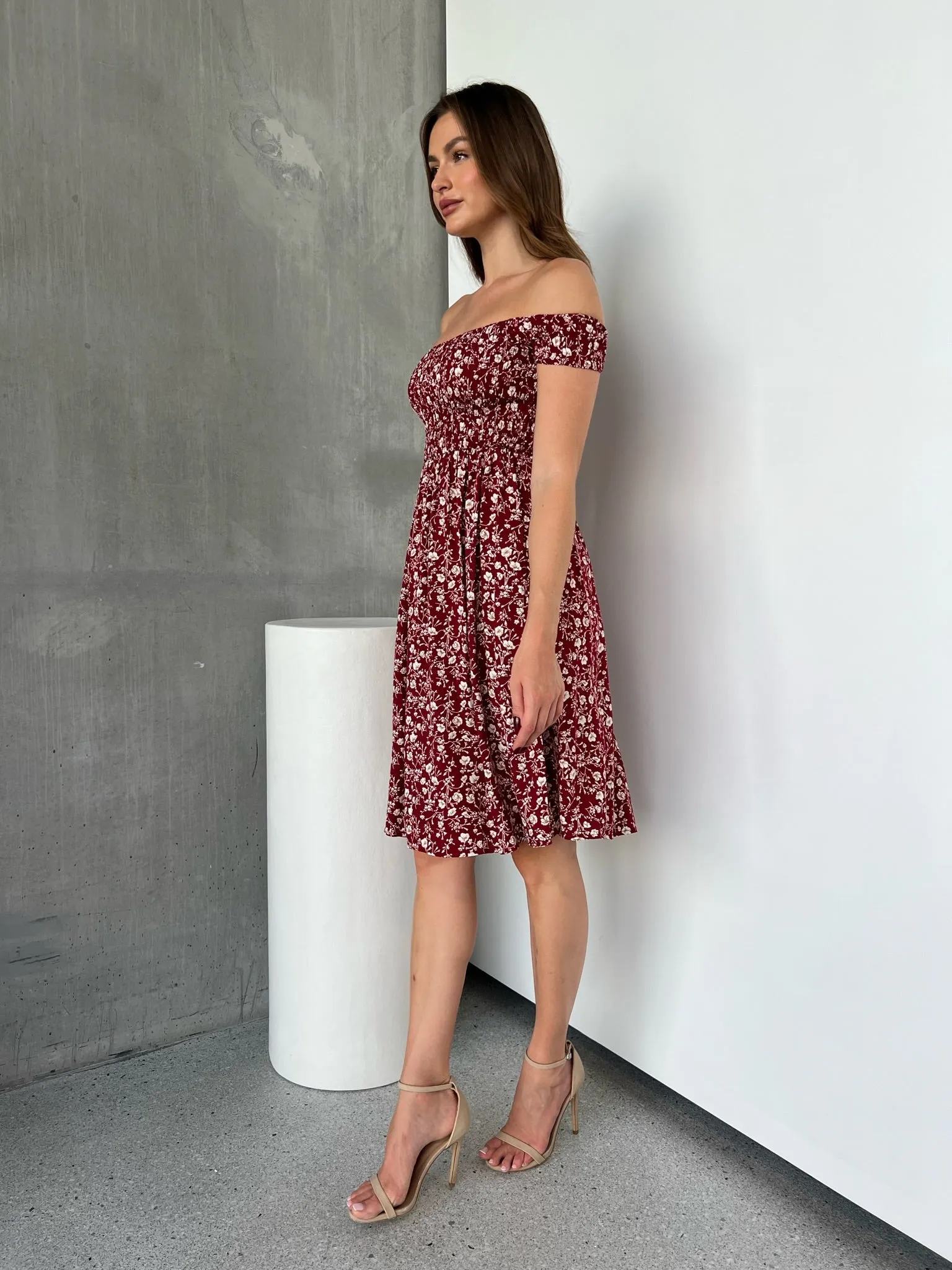 Soleil Shirred Red Floral Off Shoulder Midi Dress