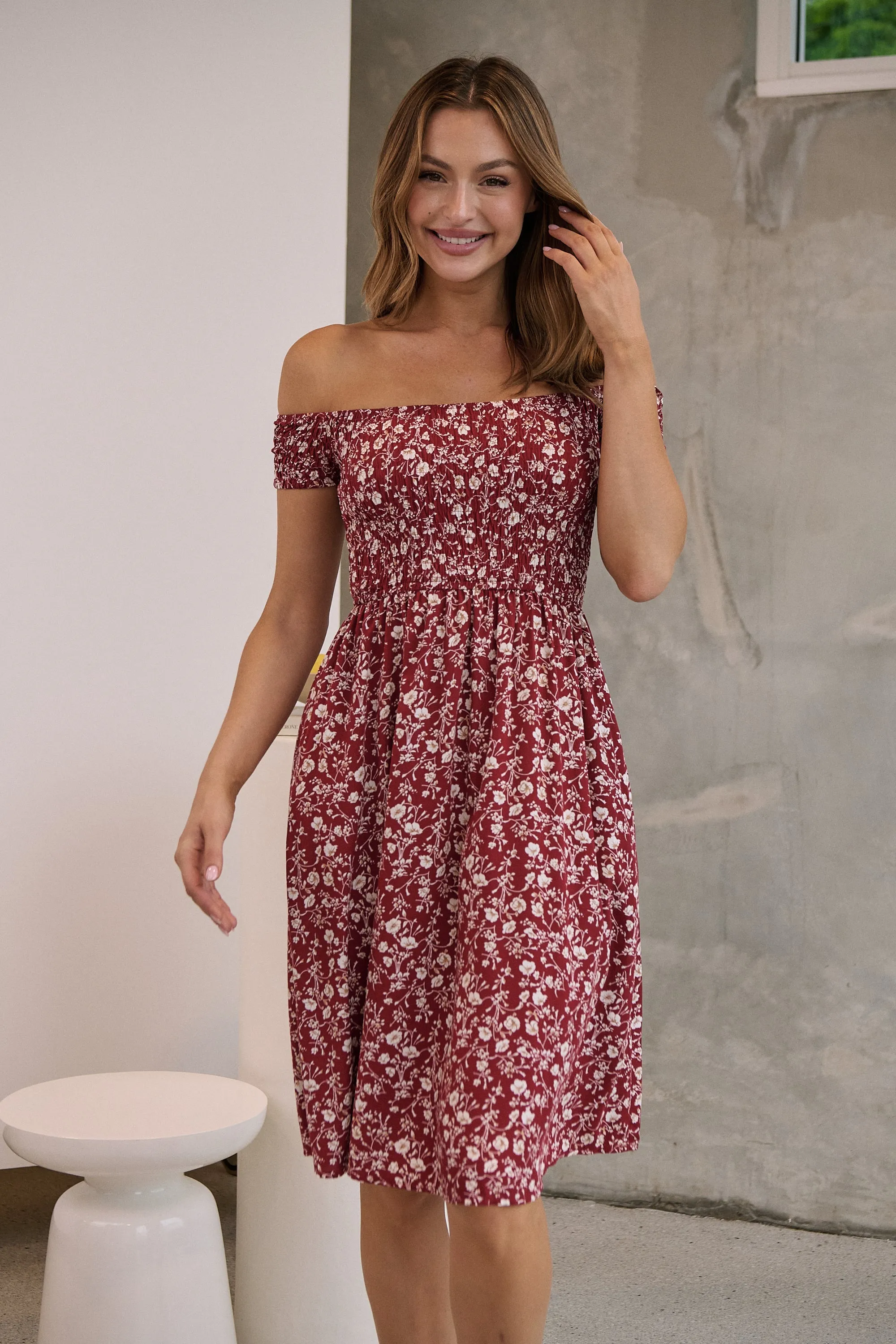 Soleil Shirred Red Floral Off Shoulder Midi Dress