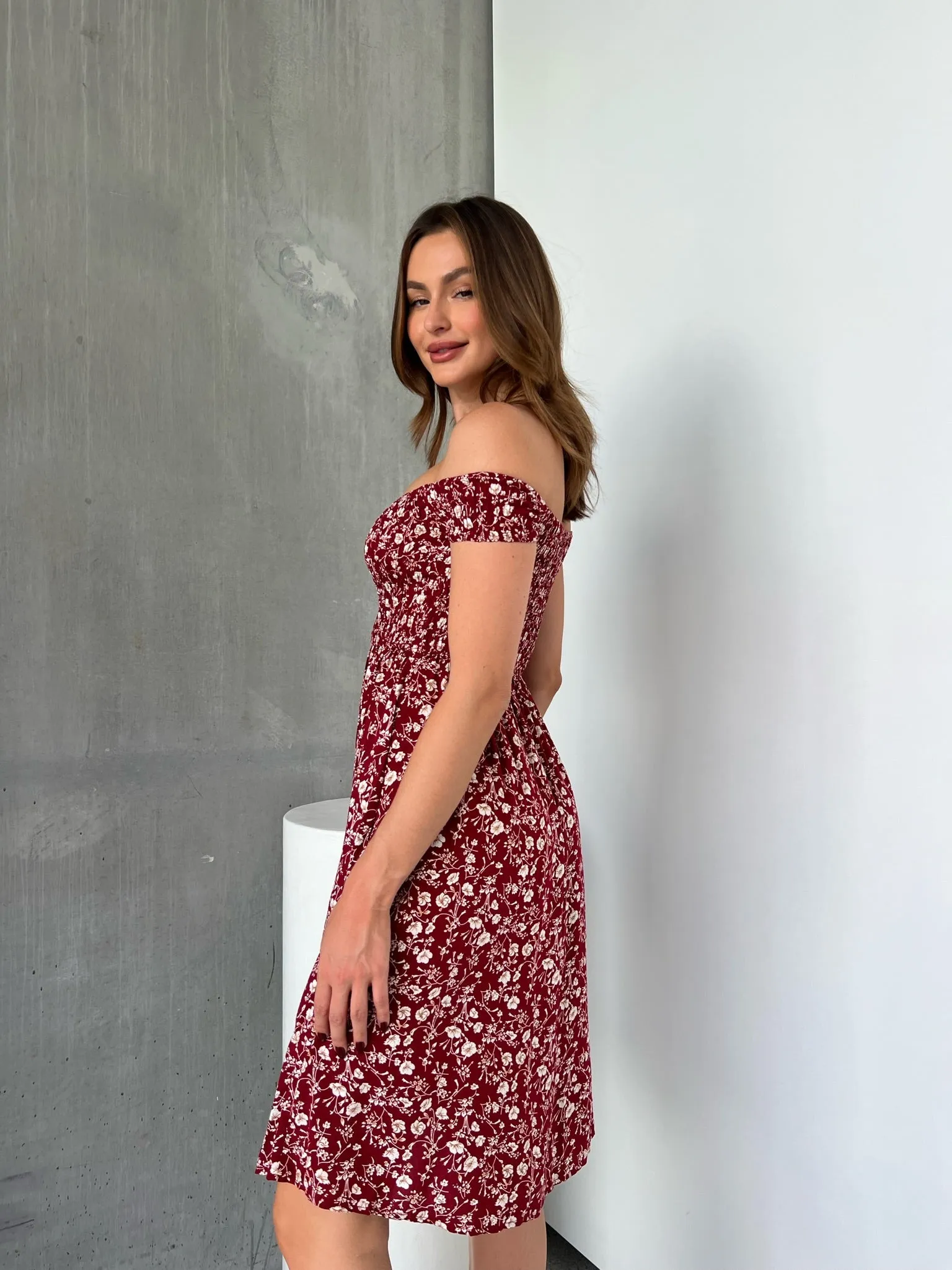 Soleil Shirred Red Floral Off Shoulder Midi Dress