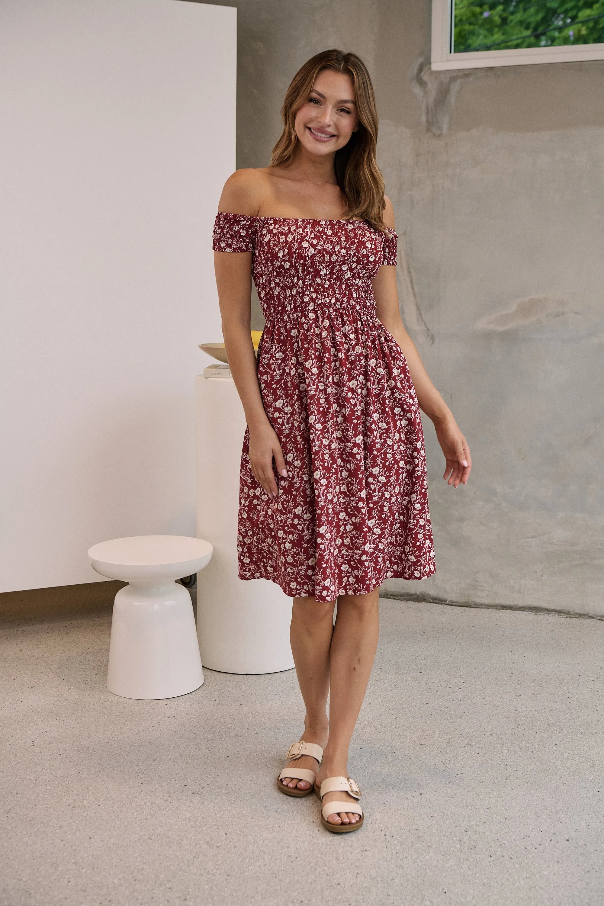 Soleil Shirred Red Floral Off Shoulder Midi Dress