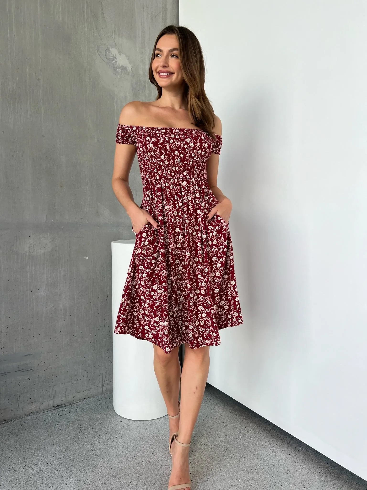 Soleil Shirred Red Floral Off Shoulder Midi Dress