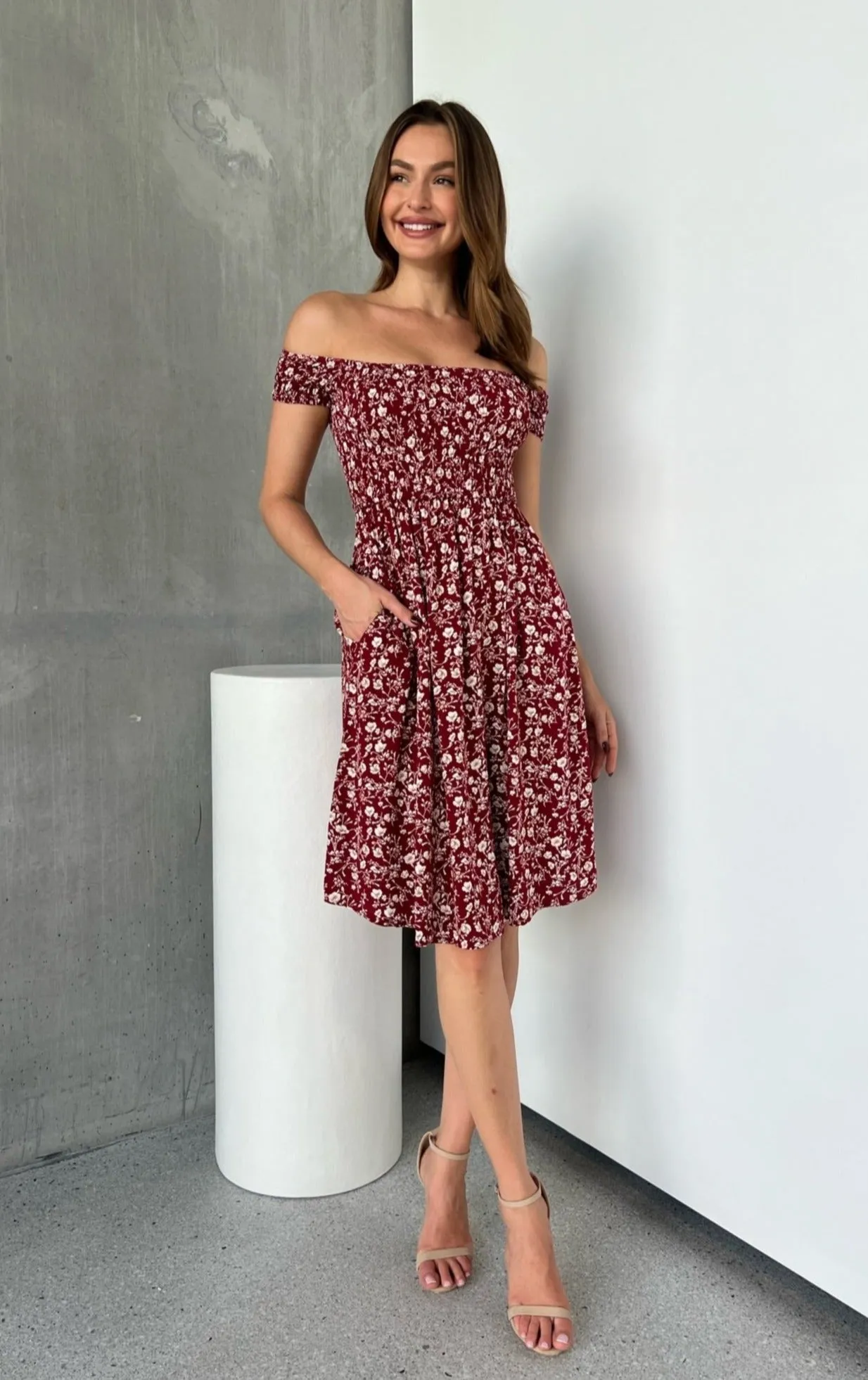 Soleil Shirred Red Floral Off Shoulder Midi Dress